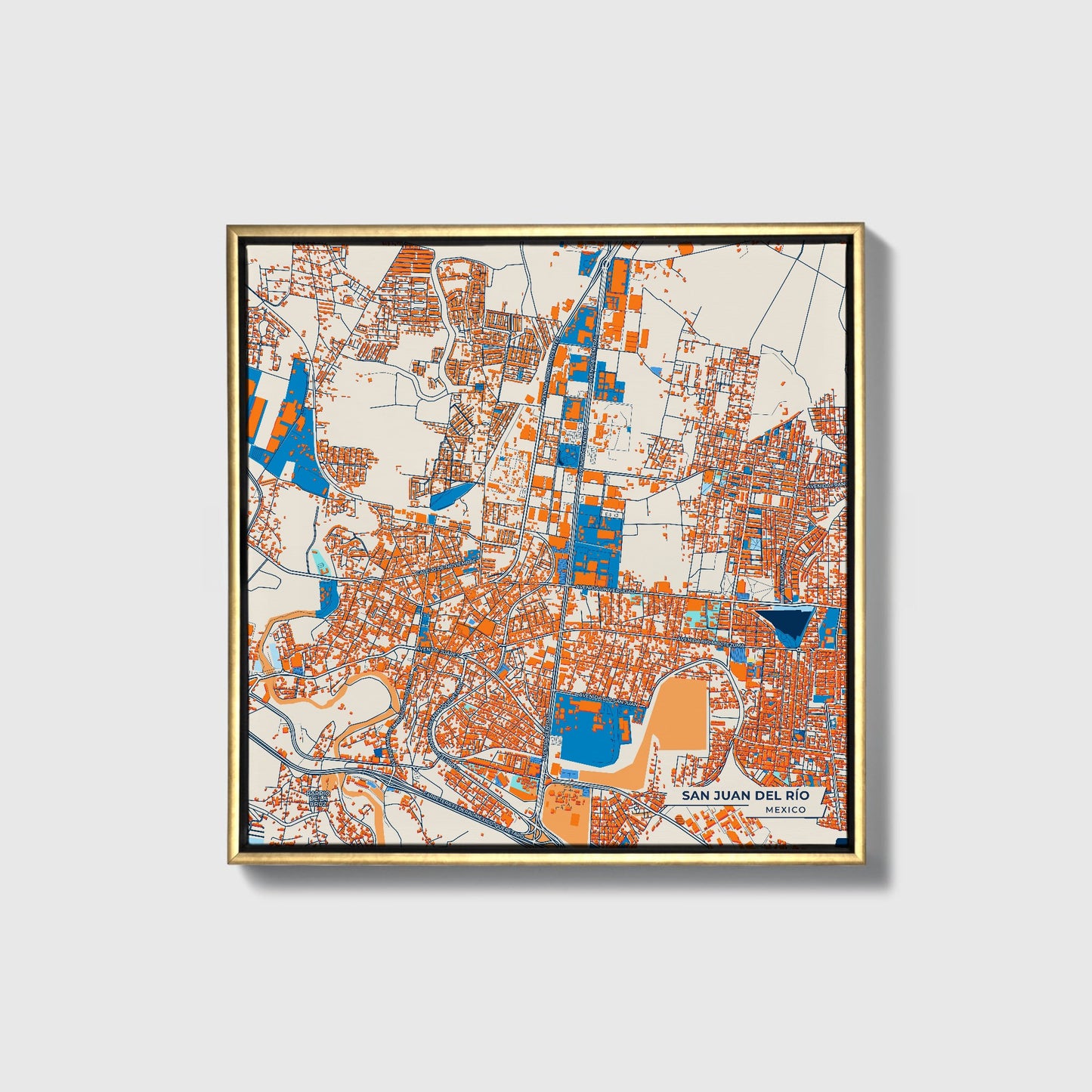 San Juan Del Río Mexico Colorful City Map Canvas Print • Gold Framed