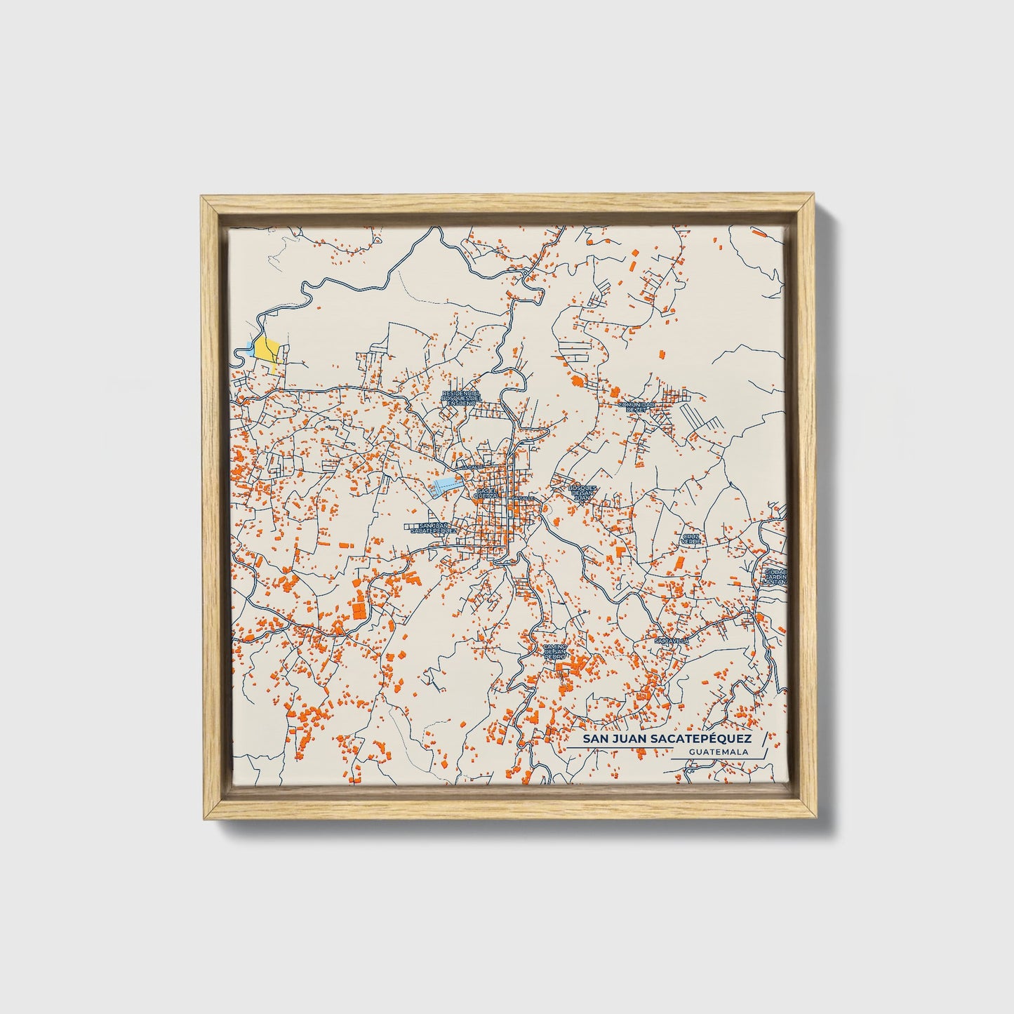 San Juan Sacatepéquez Guatemala Colorful City Map Canvas Print • Natural Wooden Framed