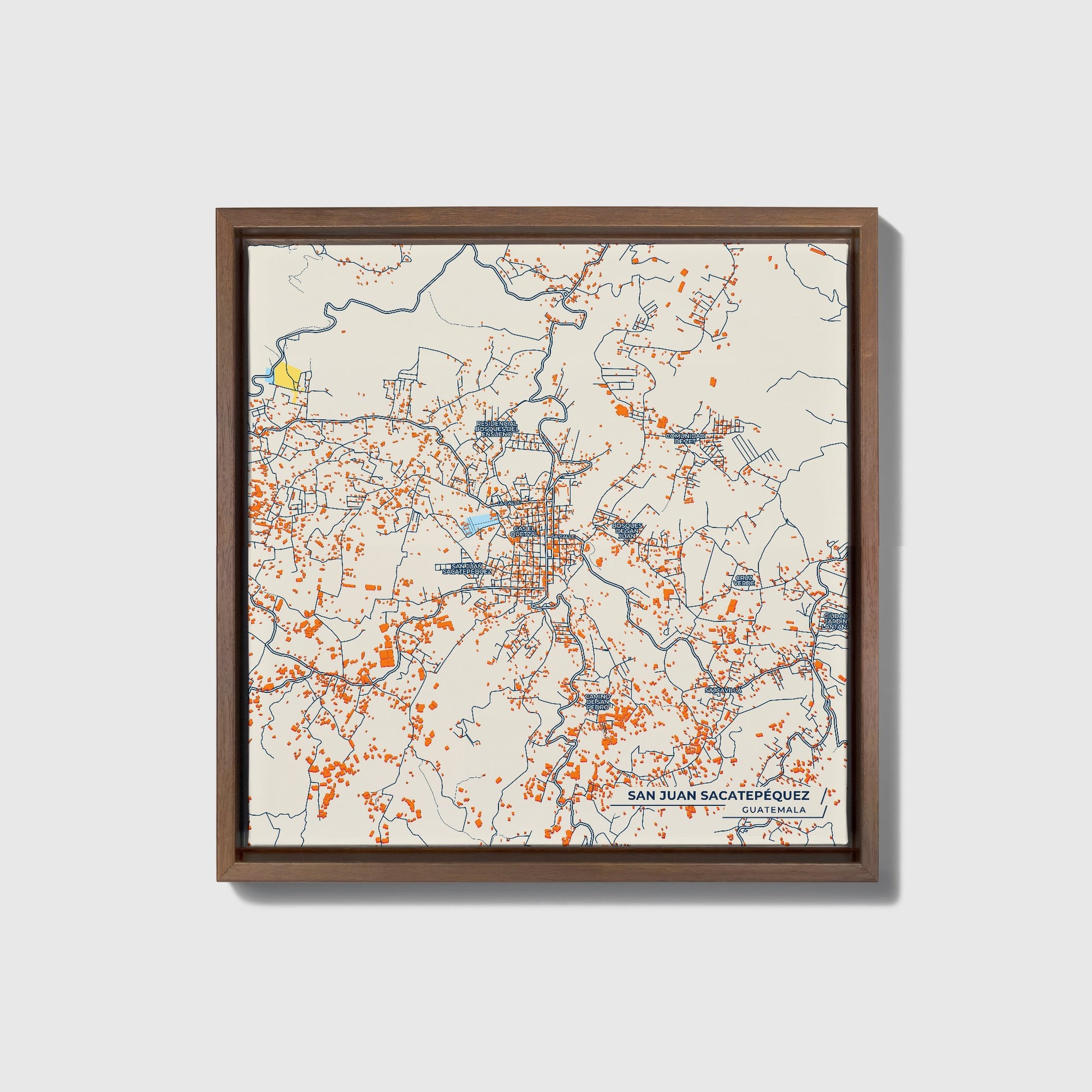 San Juan Sacatepéquez Guatemala Colorful City Map Canvas Print • Dark Wooden Framed