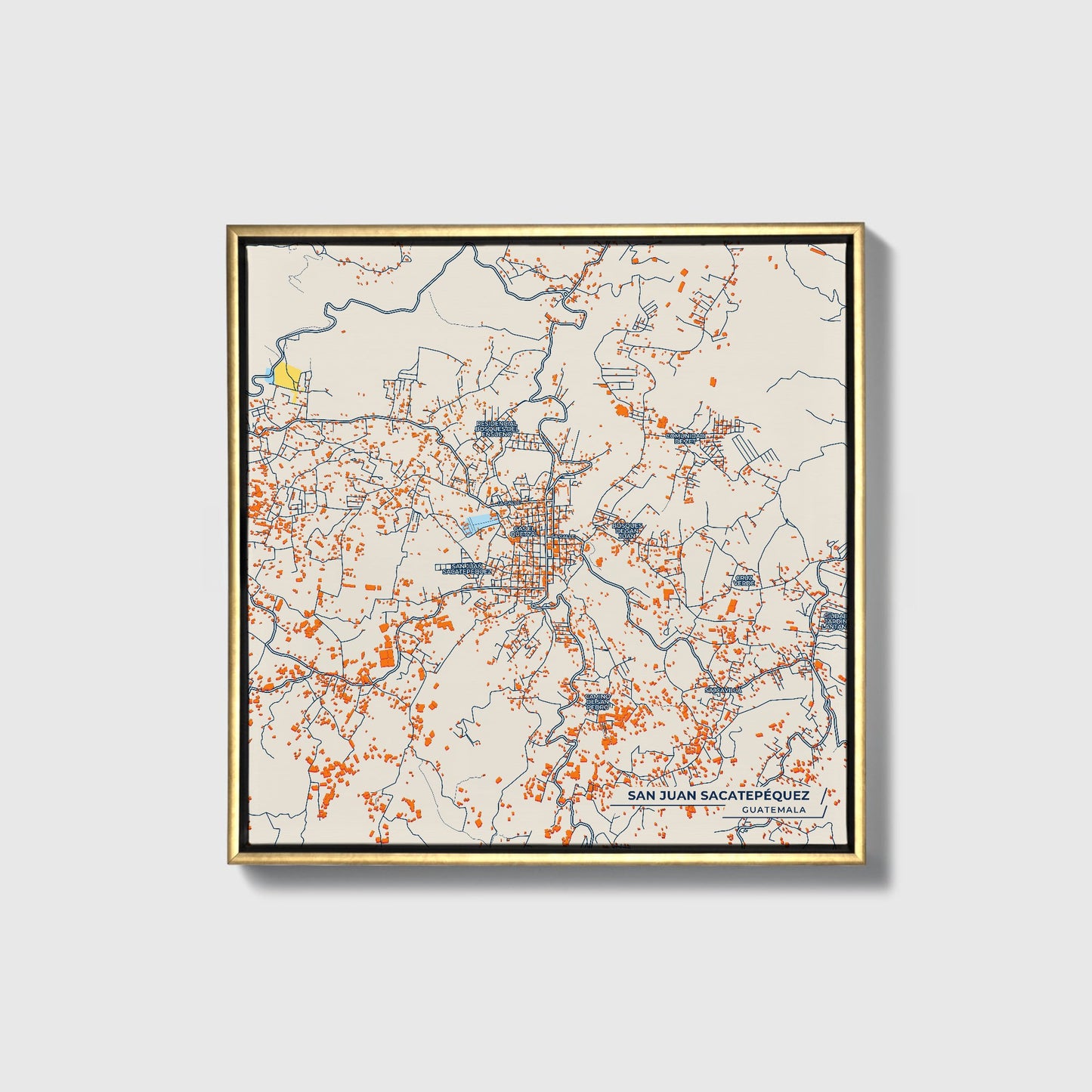 San Juan Sacatepéquez Guatemala Colorful City Map Canvas Print • Gold Framed