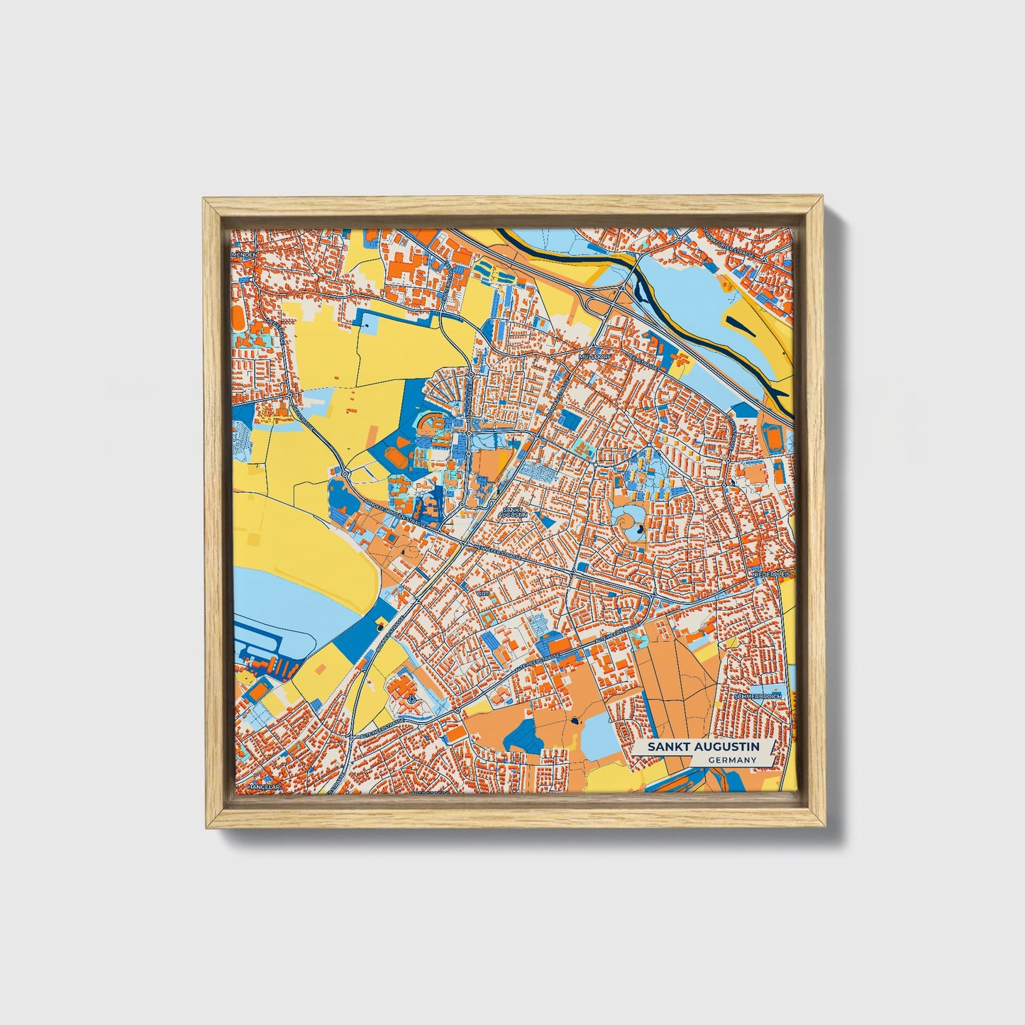 Sankt Augustin Germany Colorful City Map Canvas Print • Natural Wooden Framed