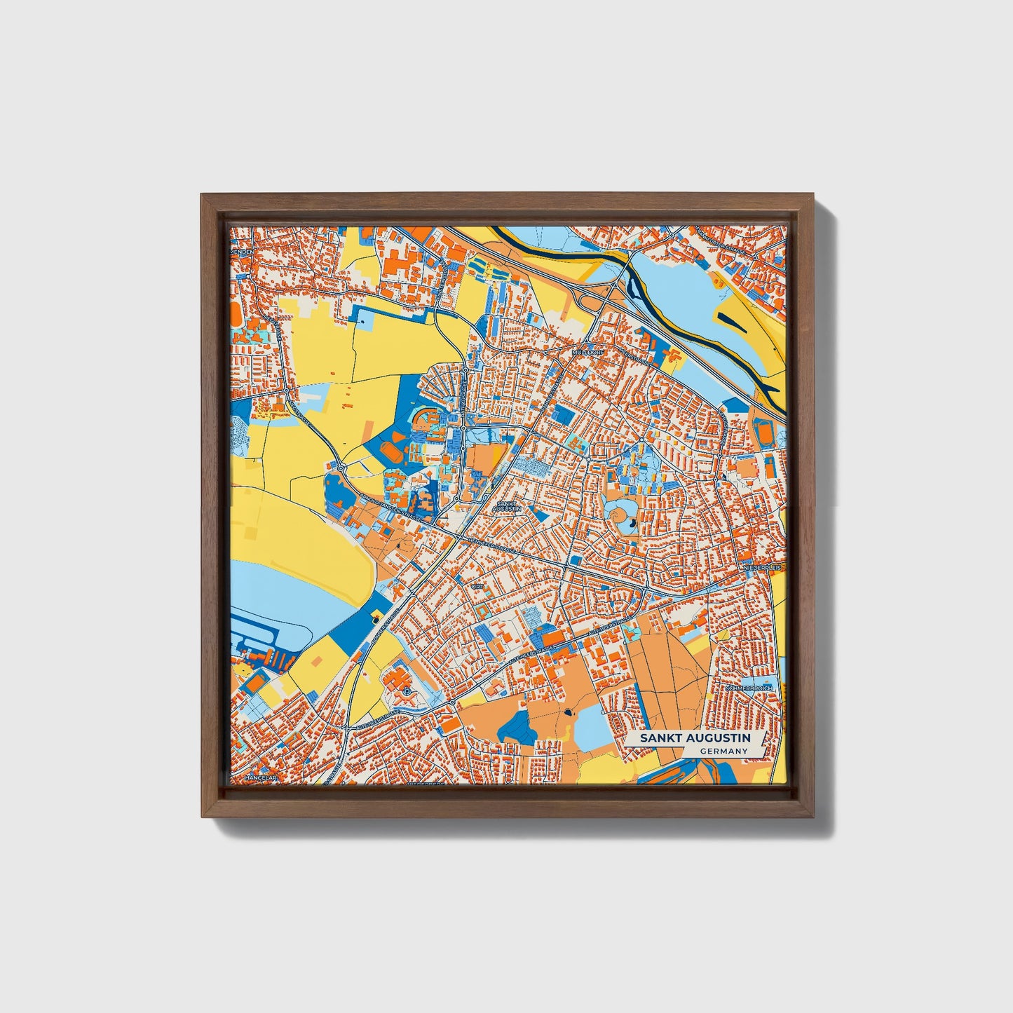Sankt Augustin Germany Colorful City Map Canvas Print • Dark Wooden Framed