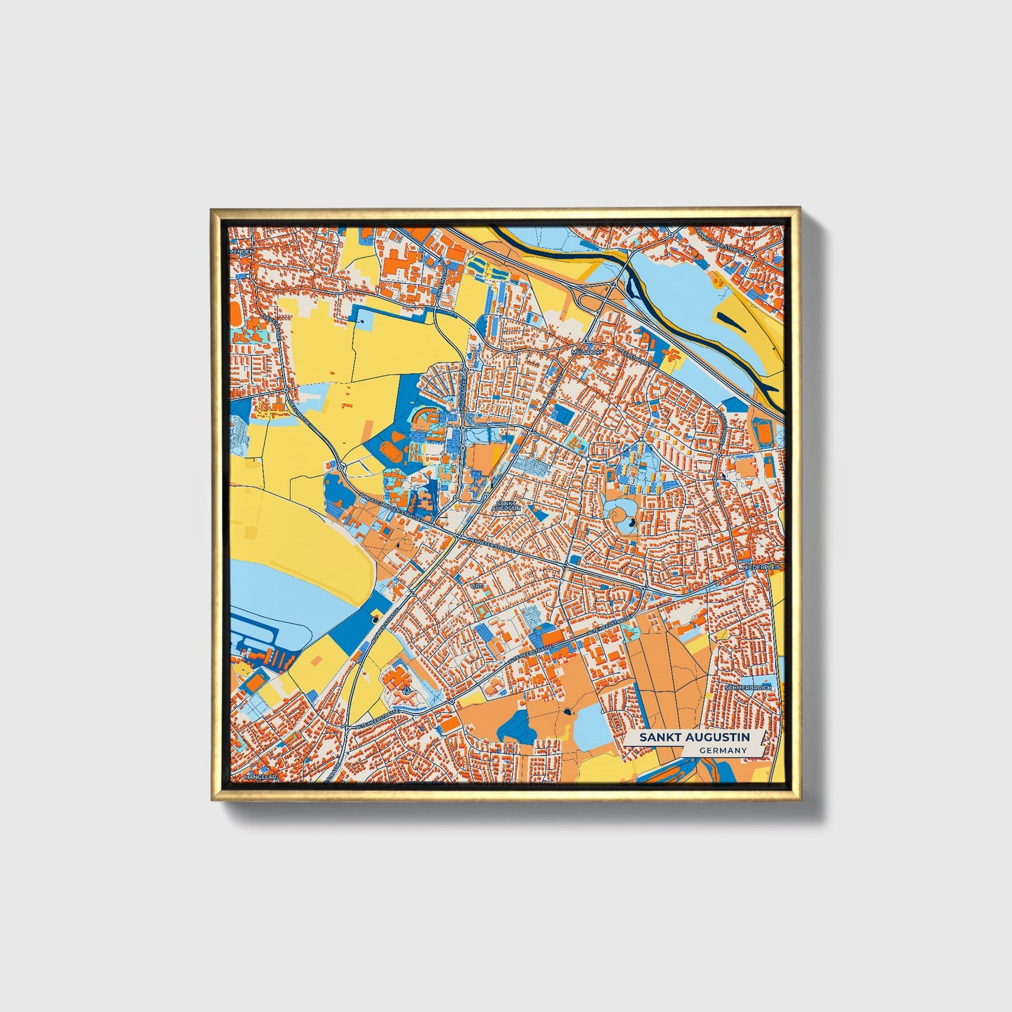 Sankt Augustin Germany Colorful City Map Canvas Print • Gold Framed