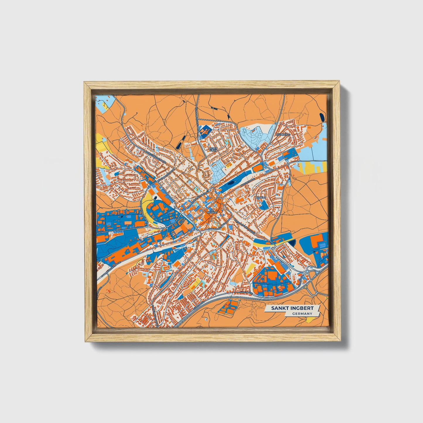 Sankt Ingbert Germany Colorful City Map Canvas Print • Natural Wooden Framed