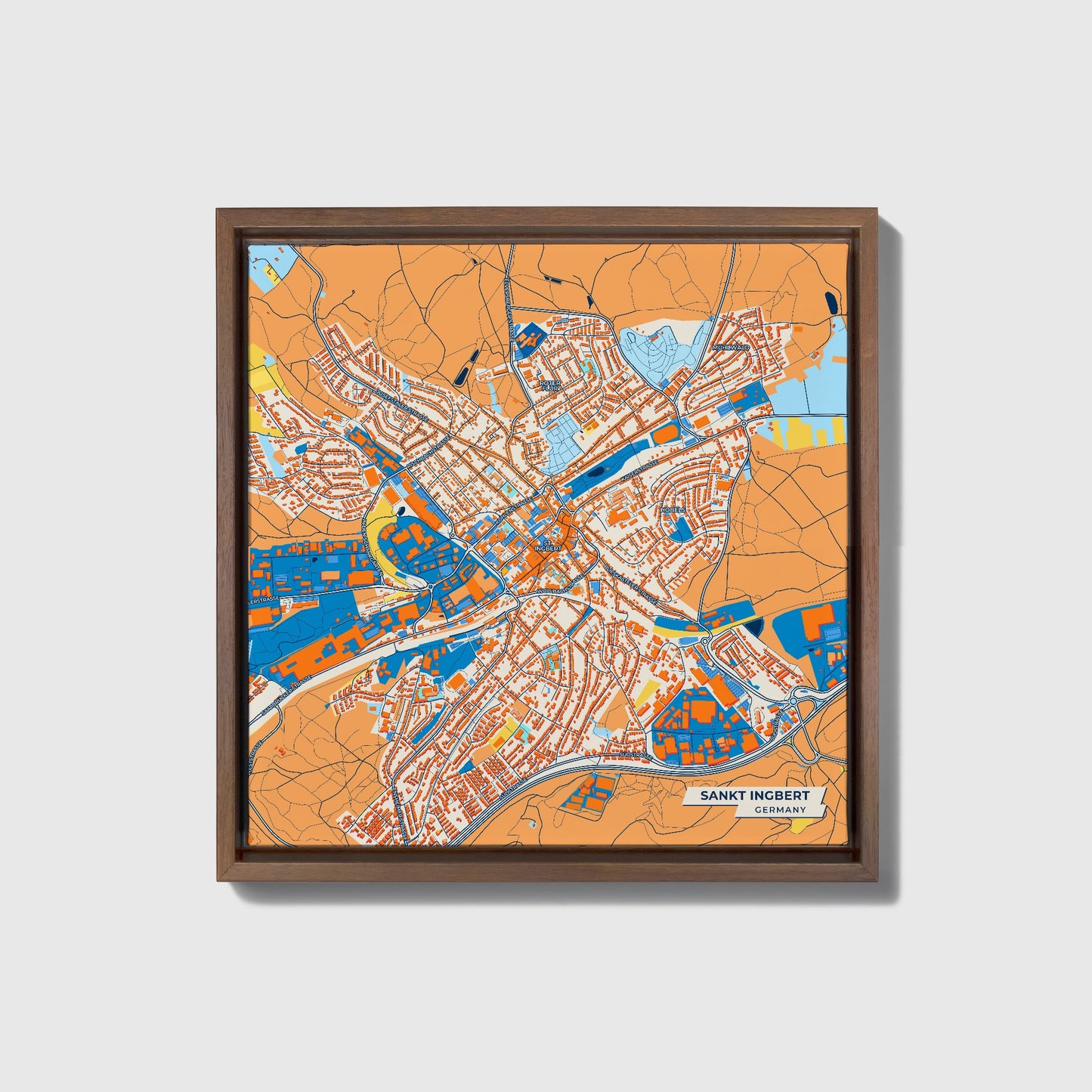 Sankt Ingbert Germany Colorful City Map Canvas Print • Dark Wooden Framed