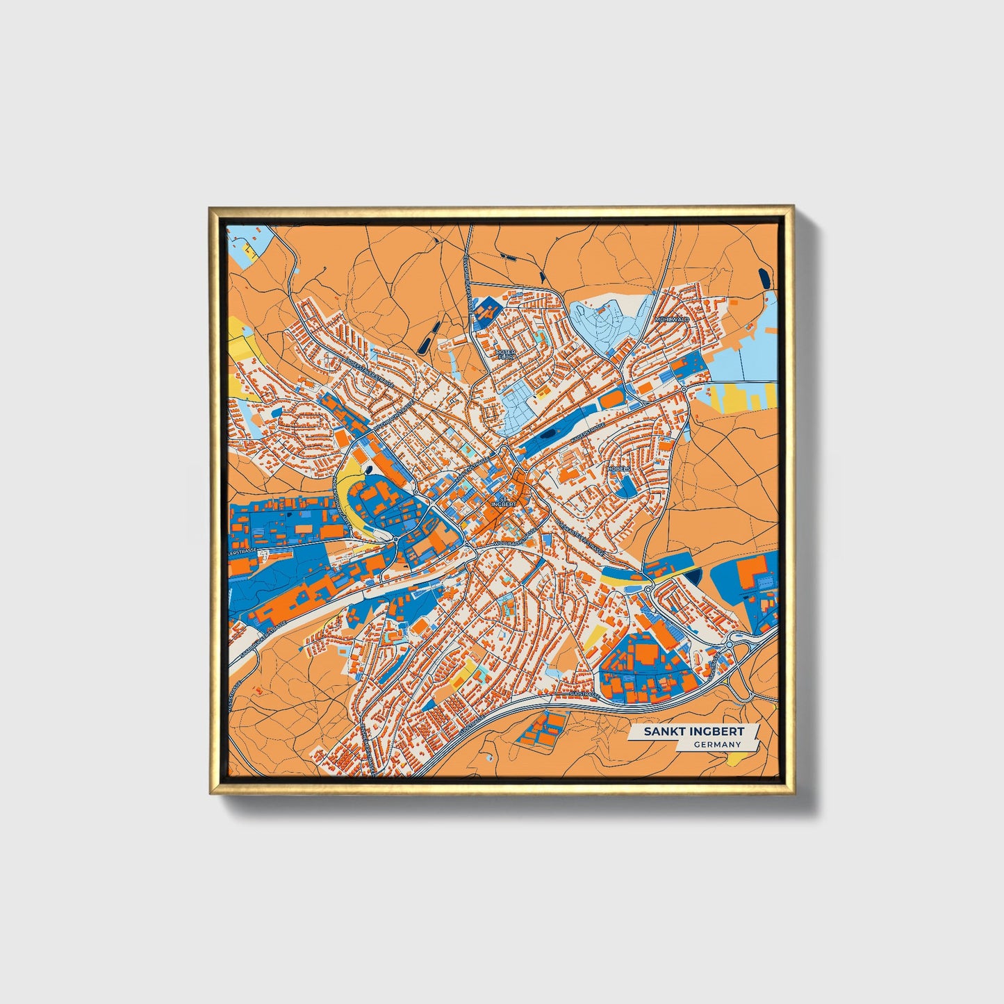 Sankt Ingbert Germany Colorful City Map Canvas Print • Gold Framed
