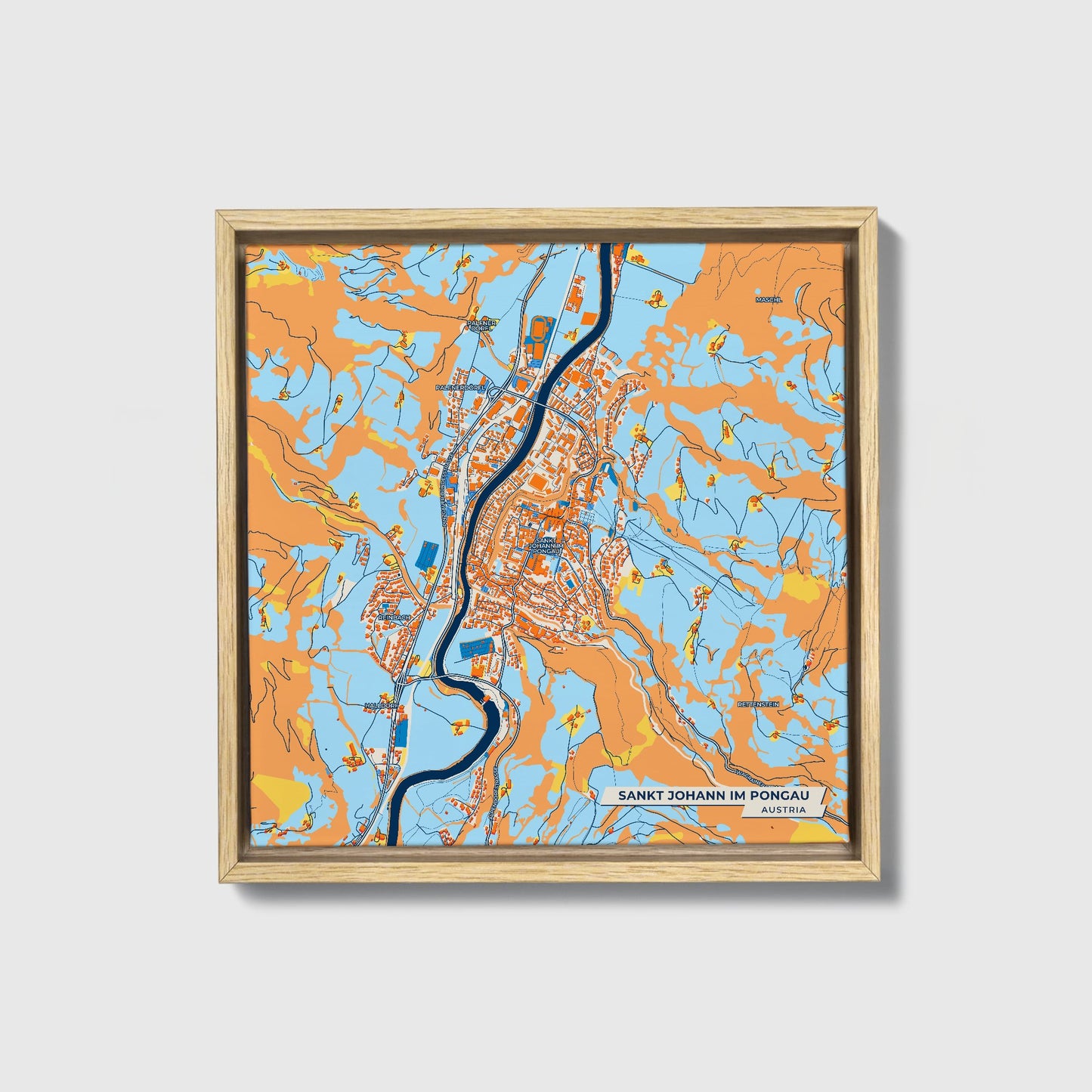 Sankt Johann Im Pongau Austria Colorful City Map Canvas Print • Natural Wooden Framed