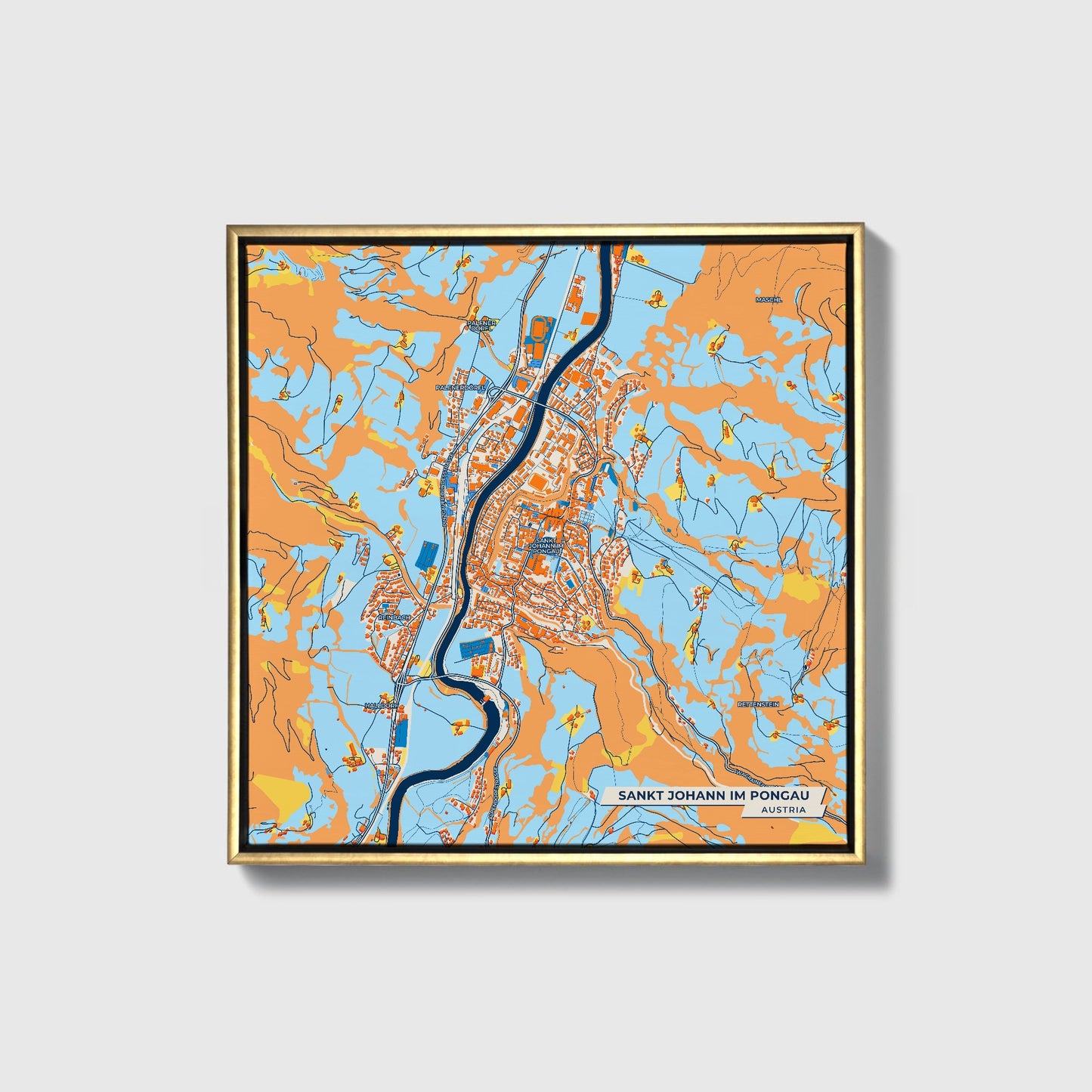 Sankt Johann Im Pongau Austria Colorful City Map Canvas Print • Gold Framed