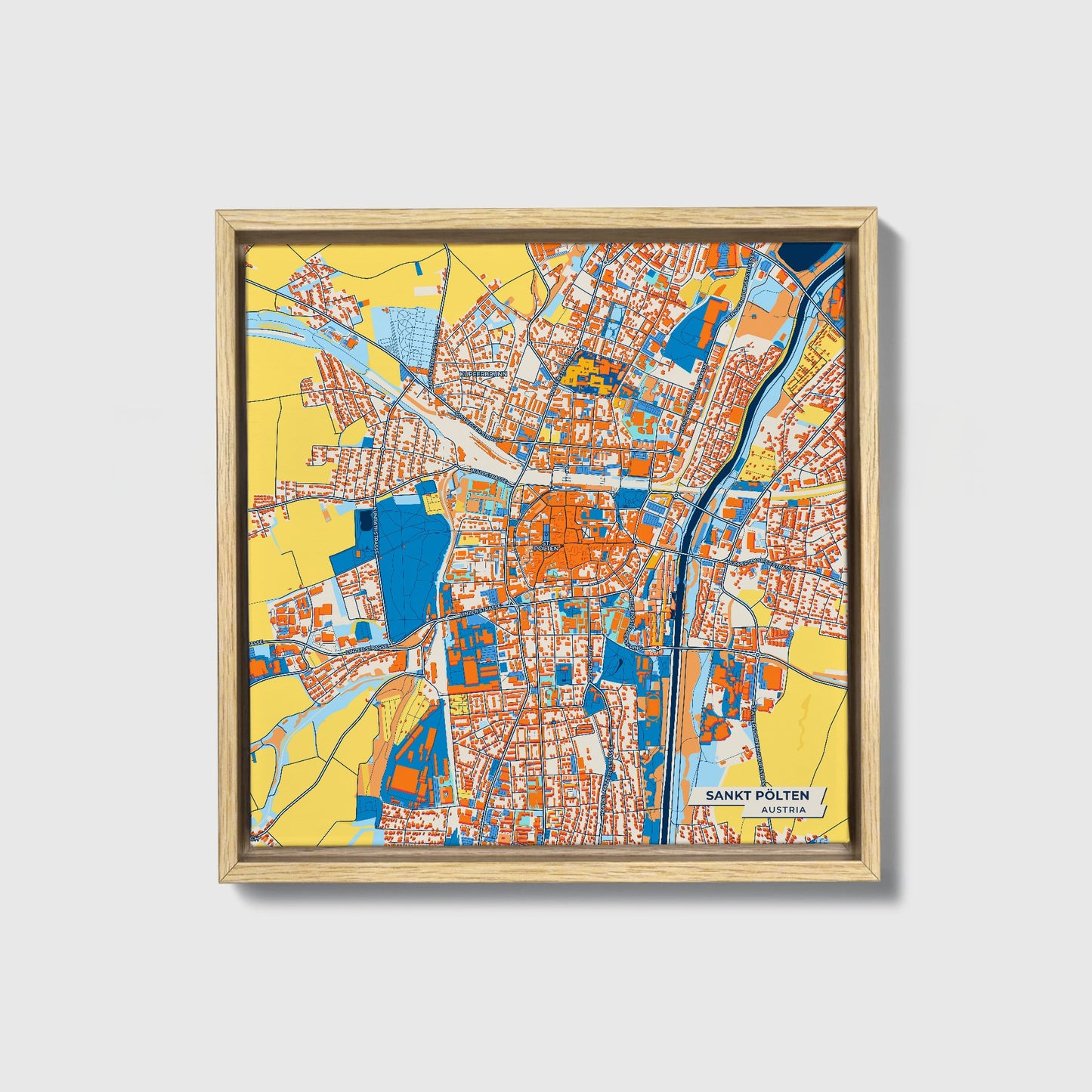 Sankt Pölten Austria Colorful City Map Canvas Print • Natural Wooden Framed