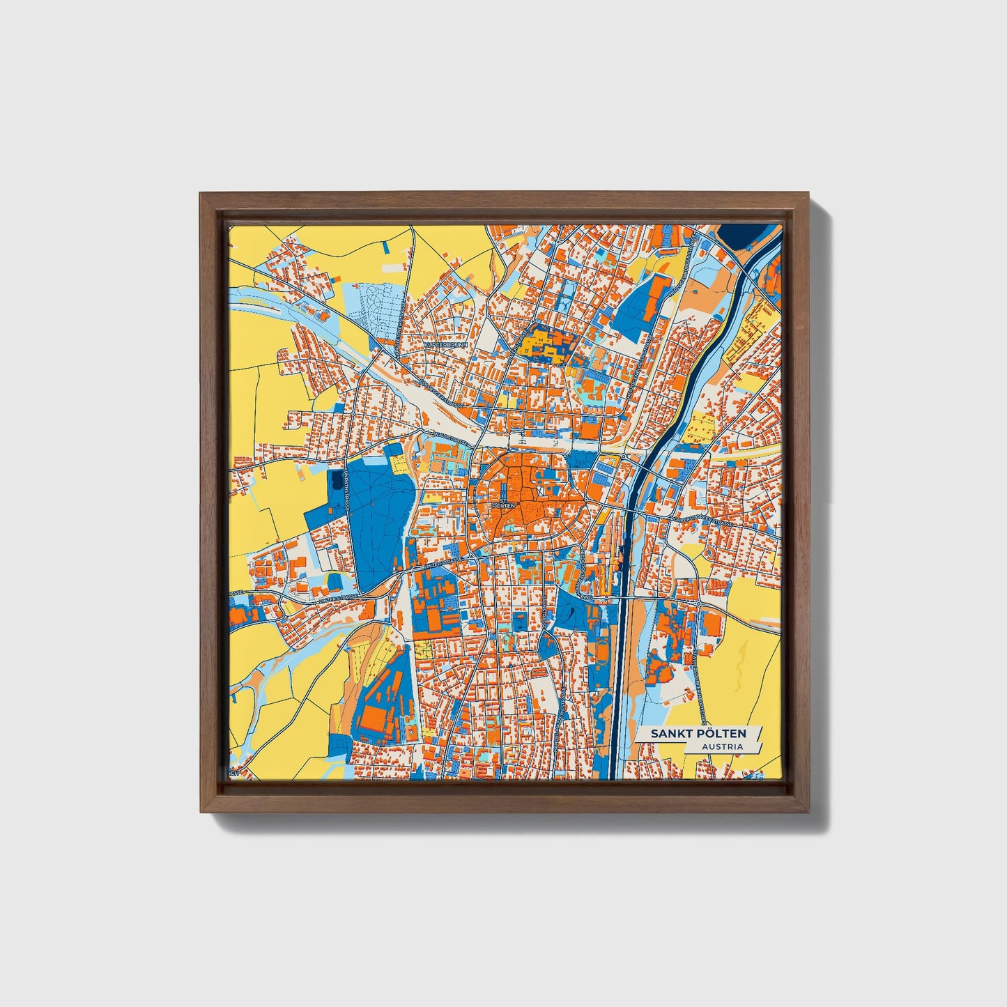 Sankt Pölten Austria Colorful City Map Canvas Print • Dark Wooden Framed