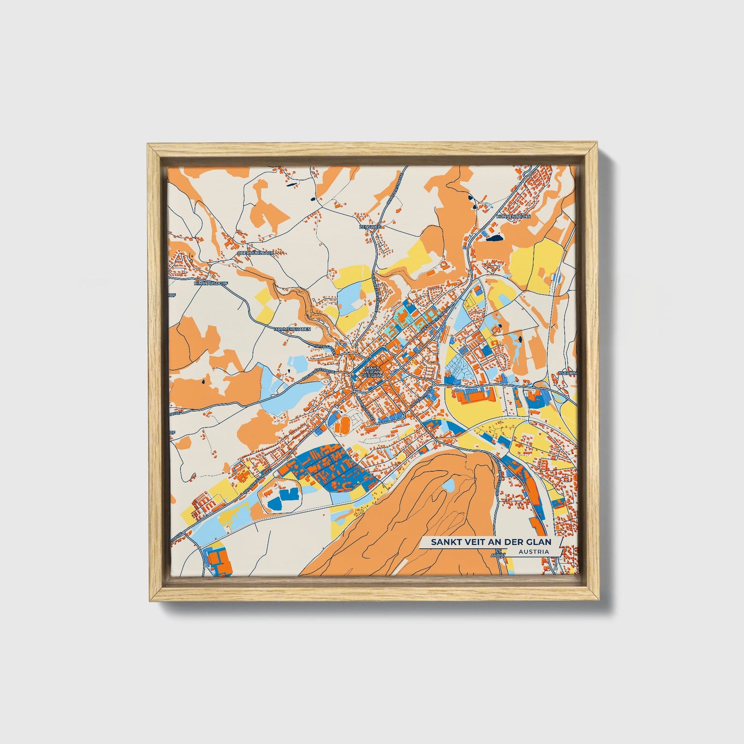 Sankt Veit An Der Glan Austria Colorful City Map Canvas Print • Natural Wooden Framed