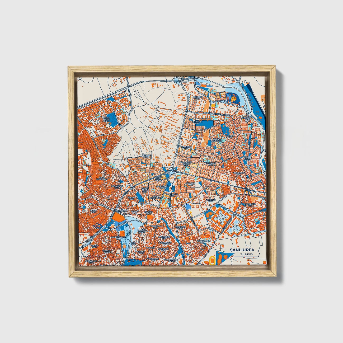Şanliurfa Turkey Colorful City Map Canvas Print • Natural Wooden Framed