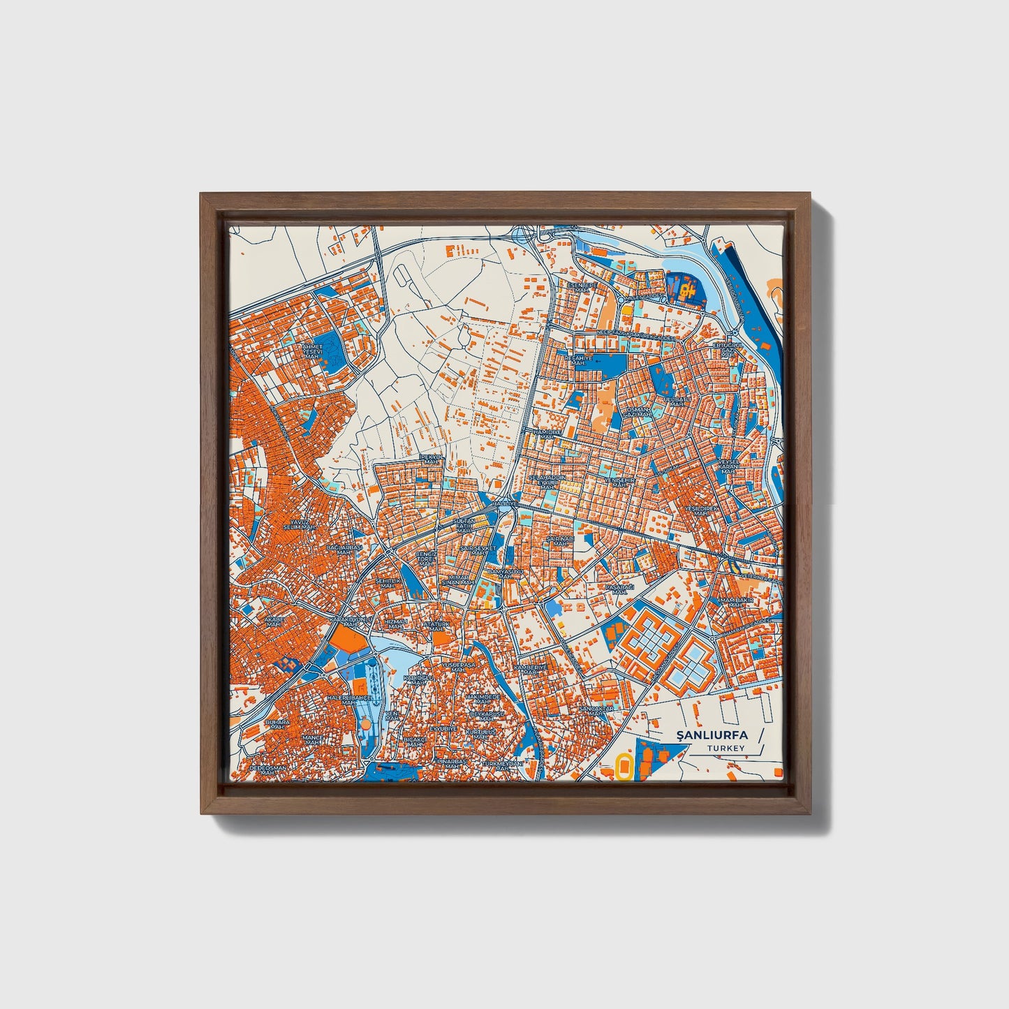 Şanliurfa Turkey Colorful City Map Canvas Print • Dark Wooden Framed