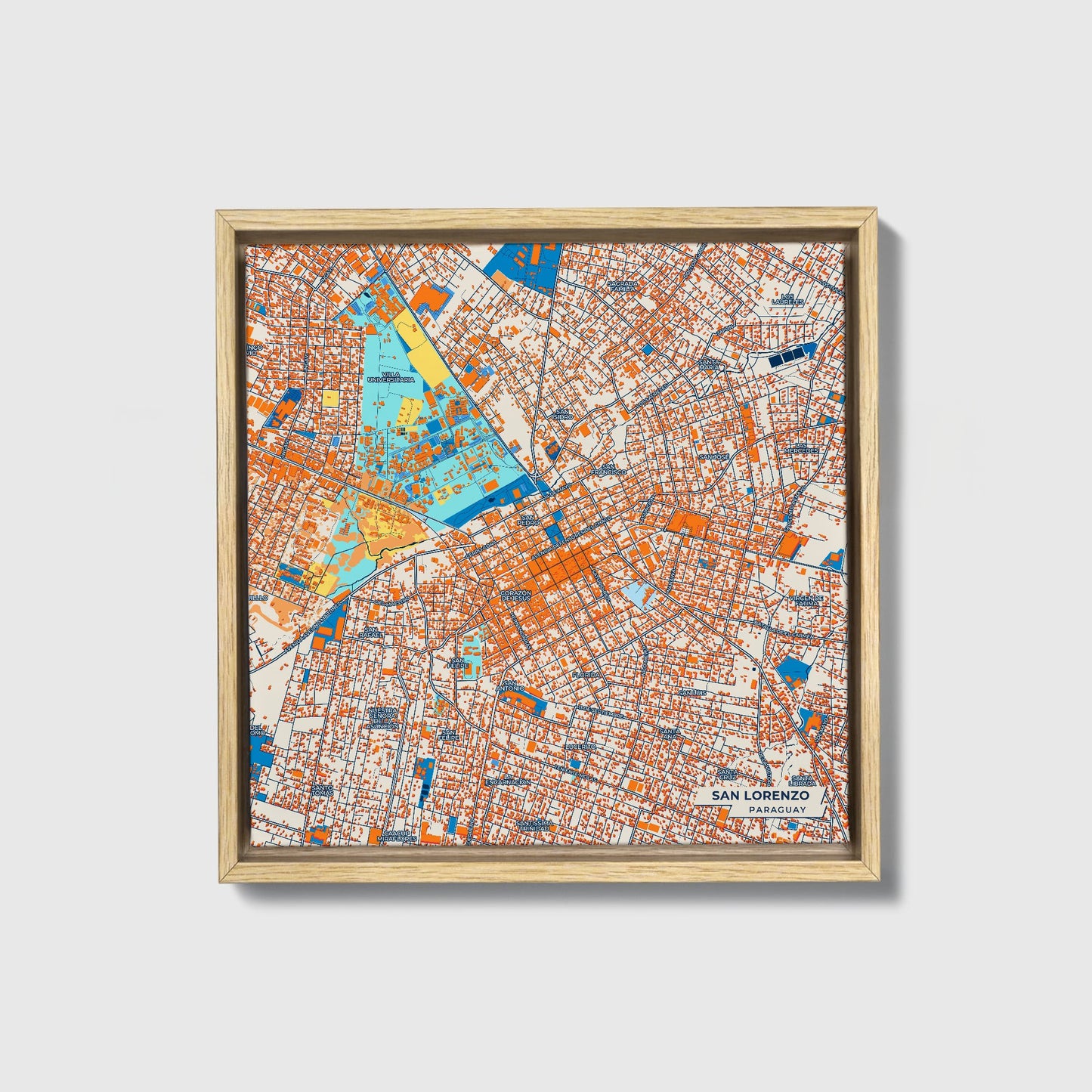 San Lorenzo Paraguay Colorful City Map Canvas Print • Natural Wooden Framed