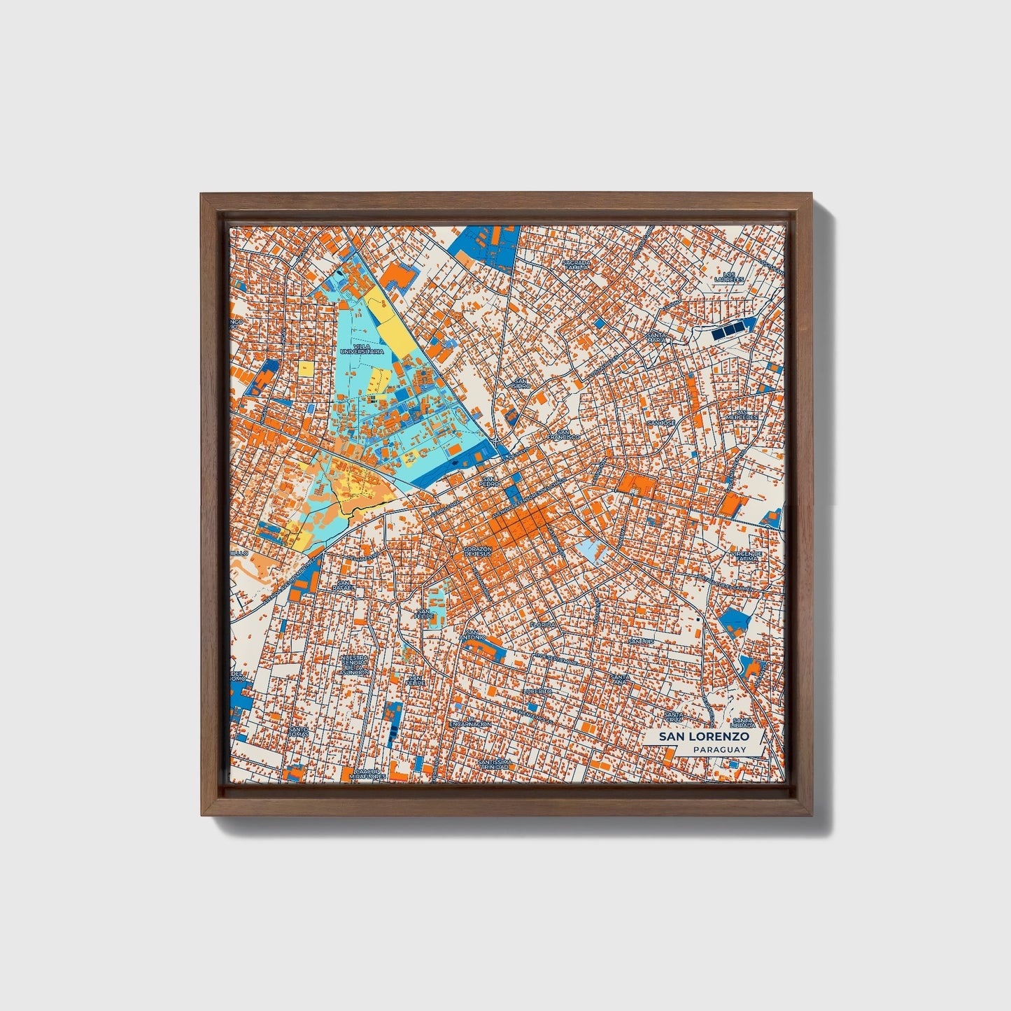 San Lorenzo Paraguay Colorful City Map Canvas Print • Dark Wooden Framed