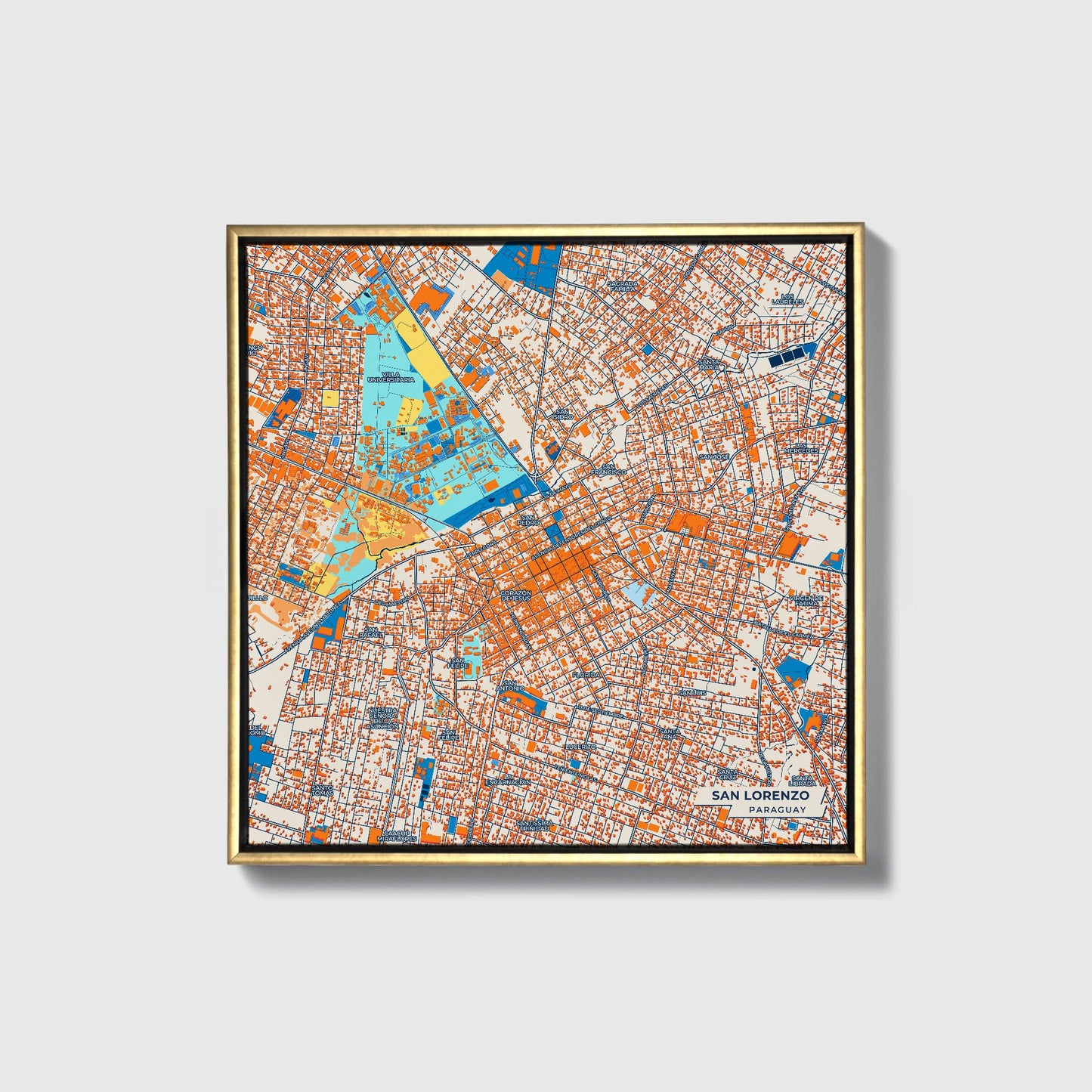 San Lorenzo Paraguay Colorful City Map Canvas Print • Gold Framed