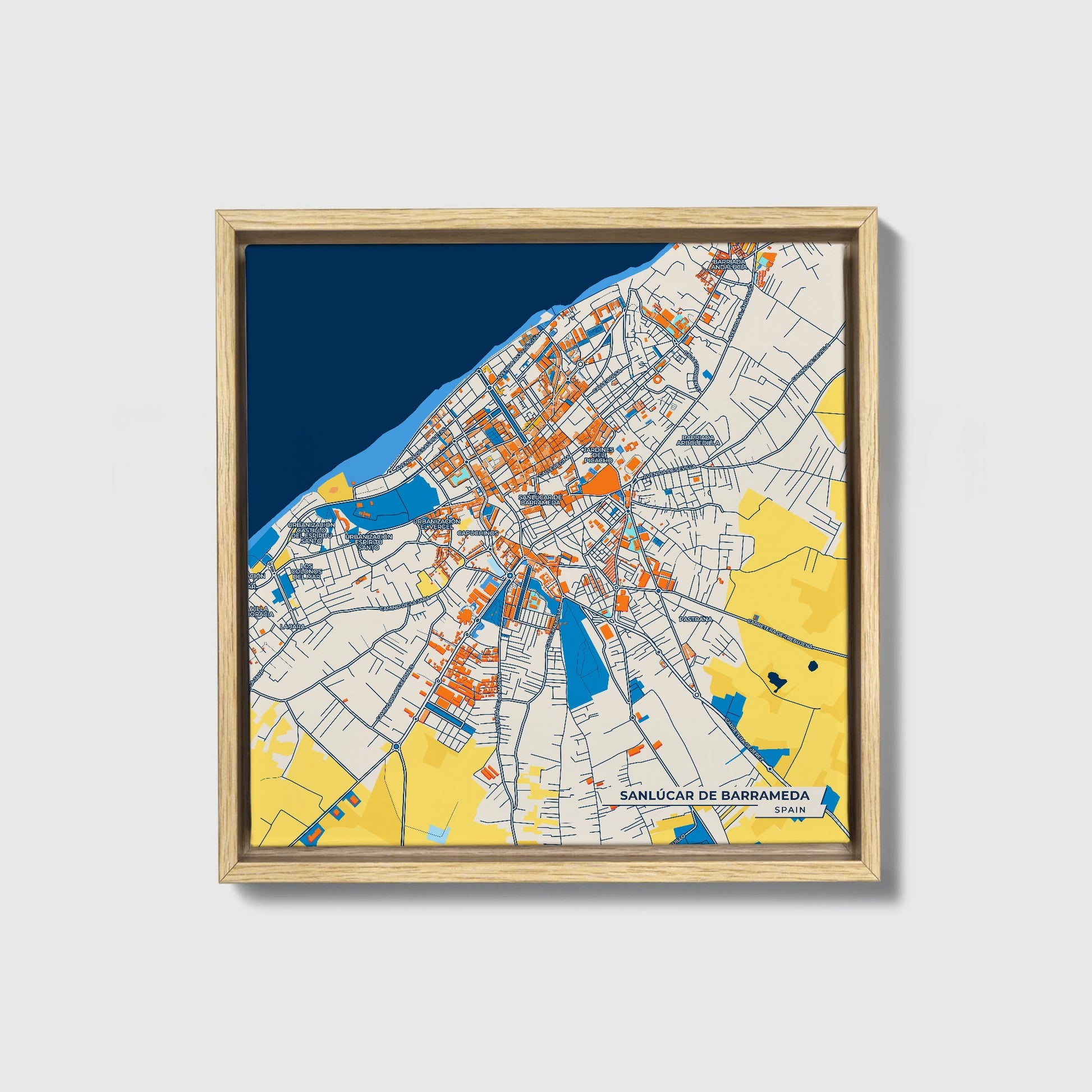 Sanlúcar De Barrameda Spain Colorful City Map Canvas Print • Natural Wooden Framed