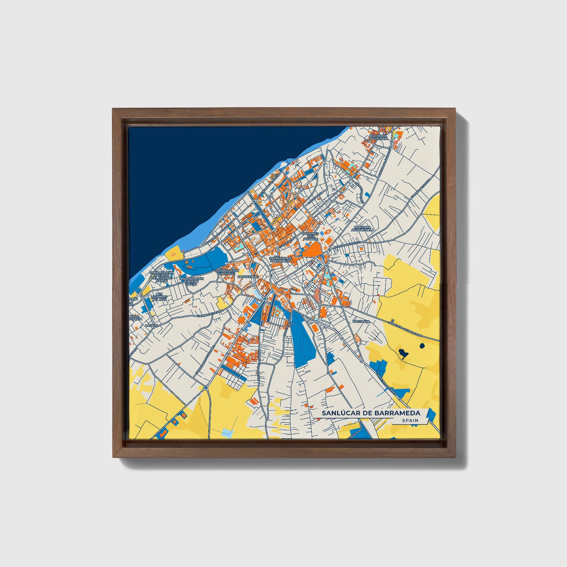 Sanlúcar De Barrameda Spain Colorful City Map Canvas Print • Dark Wooden Framed