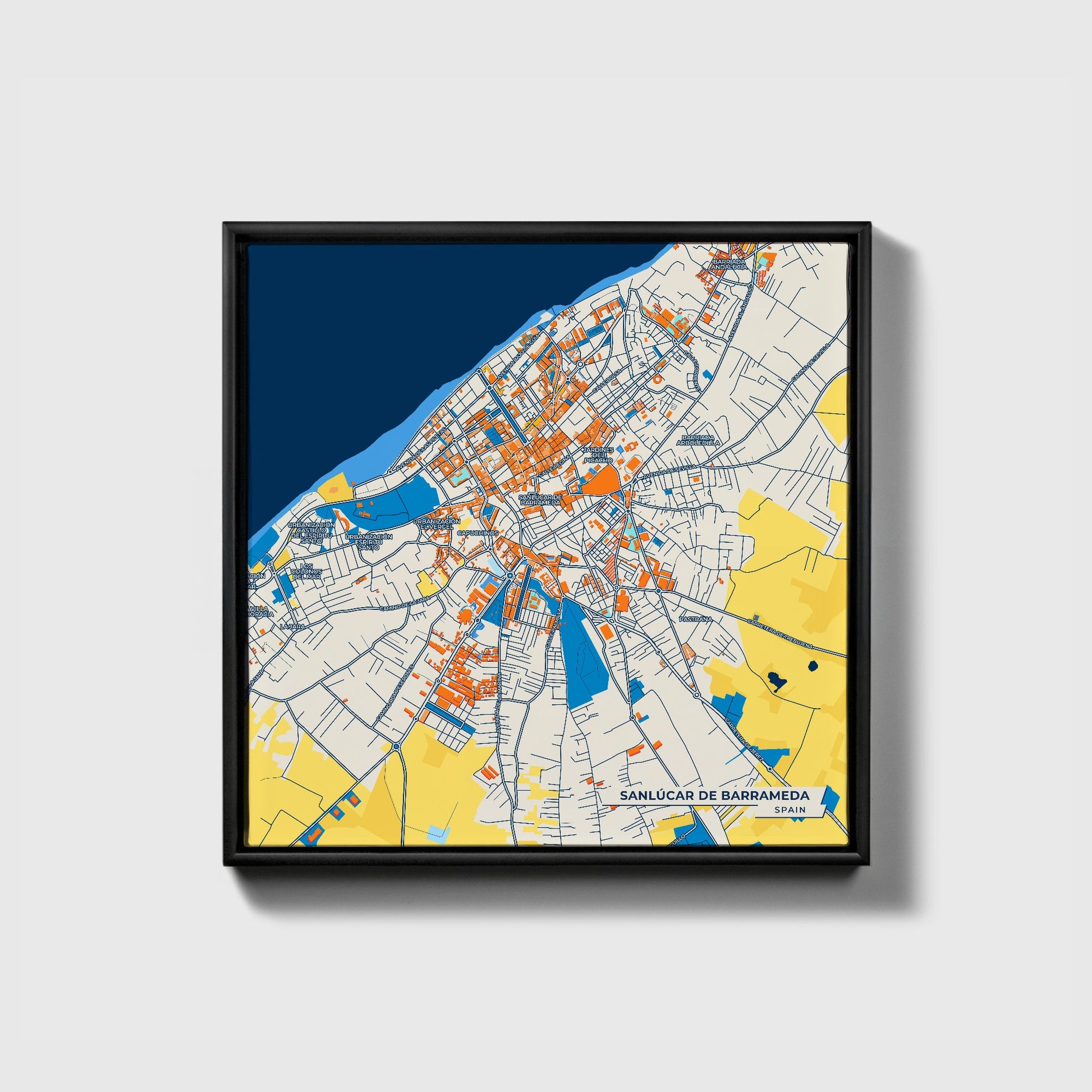 Sanlúcar De Barrameda Spain Colorful City Map Canvas Print • Black Framed