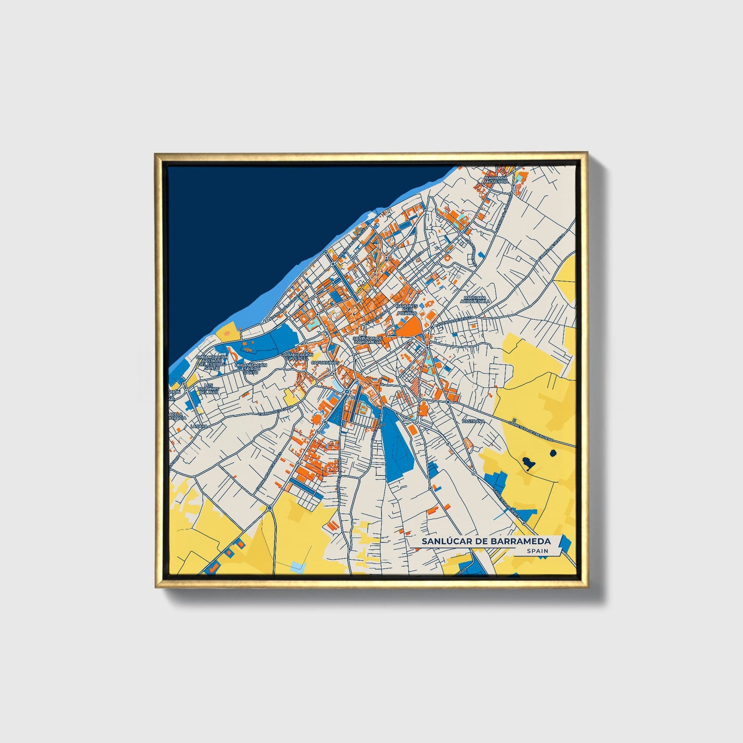 Sanlúcar De Barrameda Spain Colorful City Map Canvas Print • Gold Framed