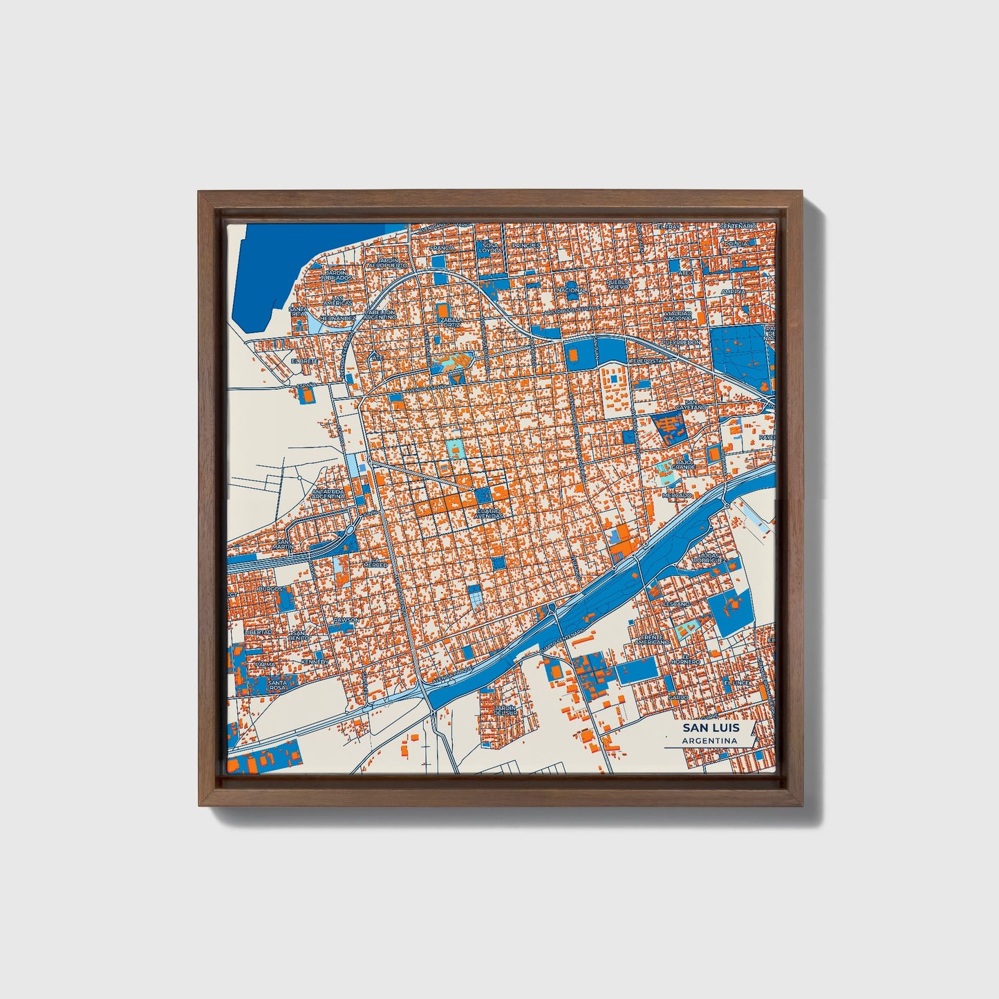 San Luis Argentina Colorful City Map Canvas Print • Dark Wooden Framed