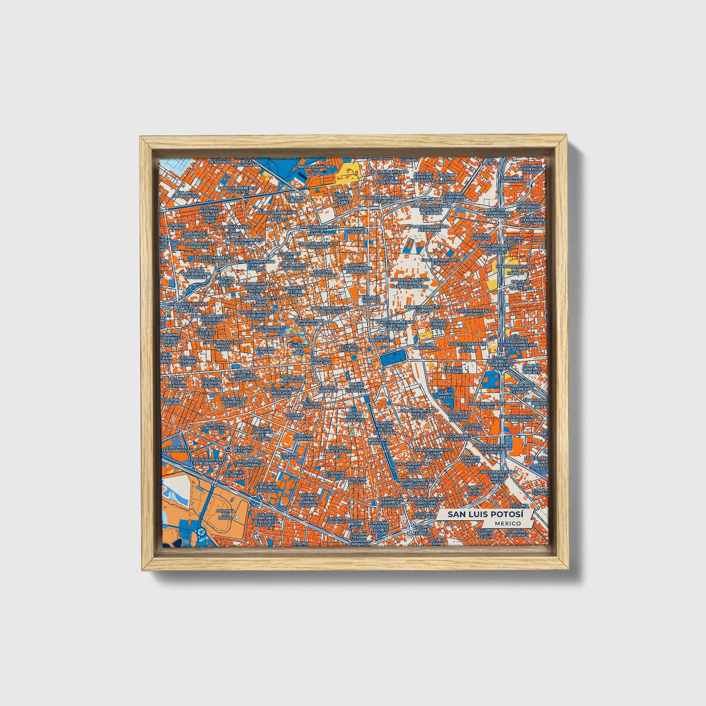 San Luis Potosí Mexico Colorful City Map Canvas Print • Natural Wooden Framed