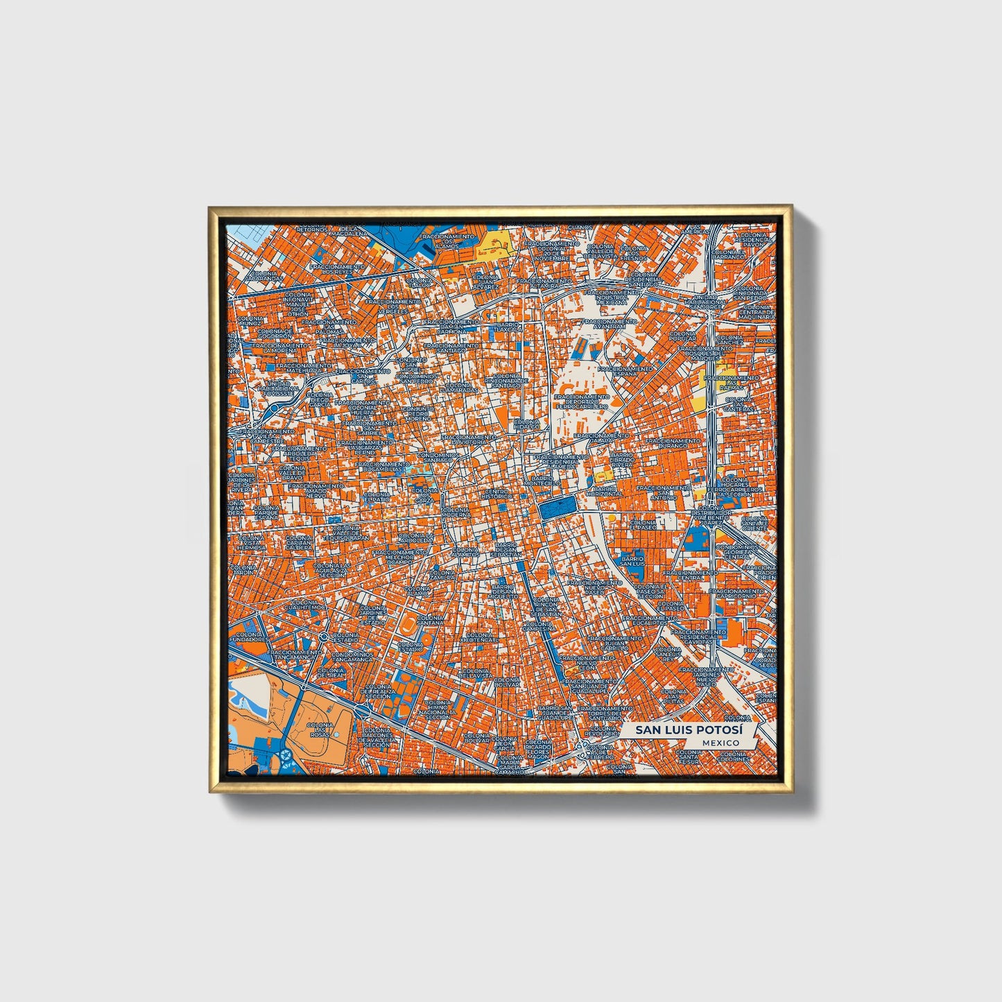 San Luis Potosí Mexico Colorful City Map Canvas Print • Gold Framed