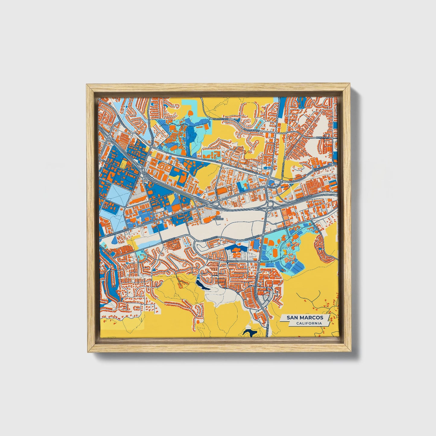 San Marcos California Colorful City Map Canvas Print • Natural Wooden Framed