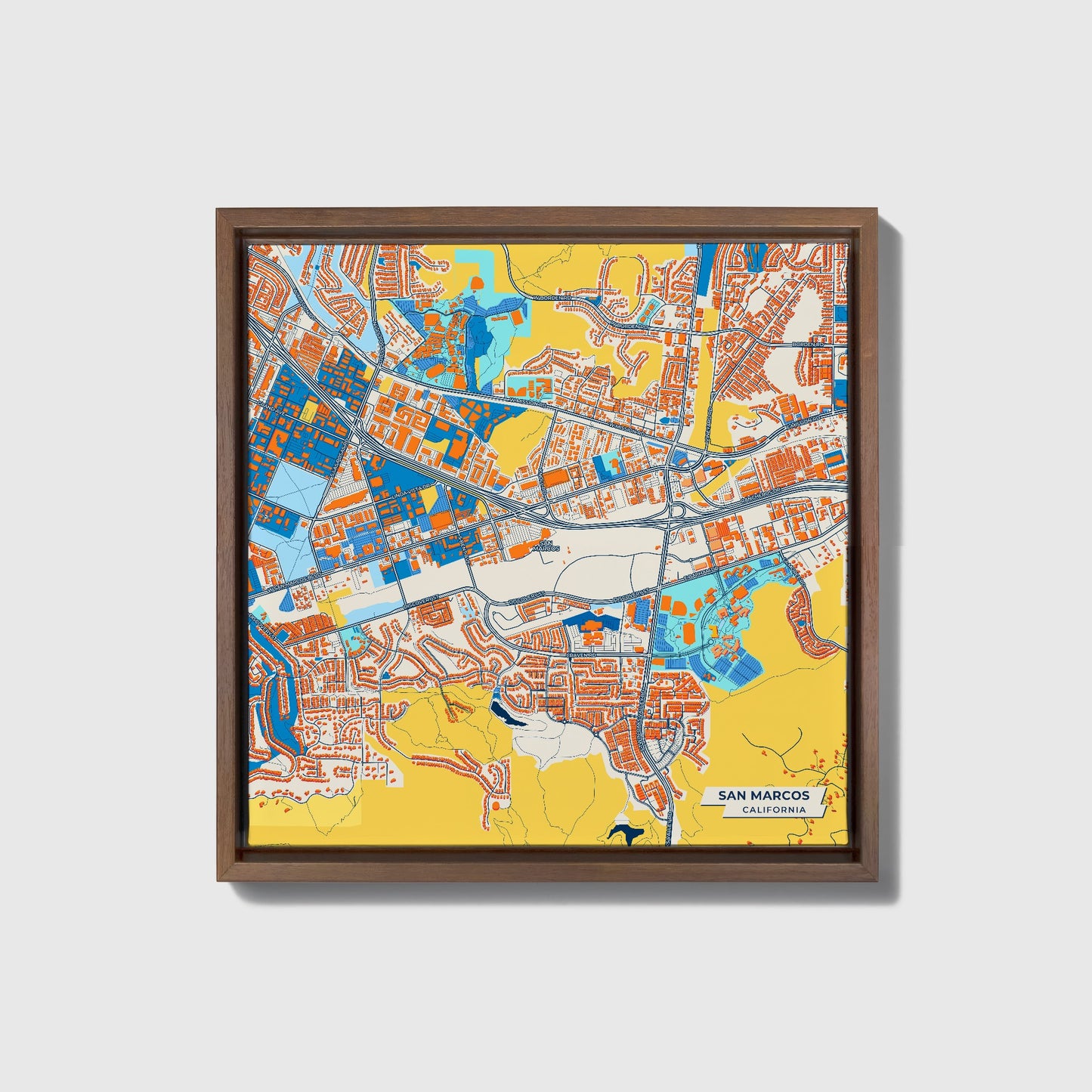 San Marcos California Colorful City Map Canvas Print • Dark Wooden Framed