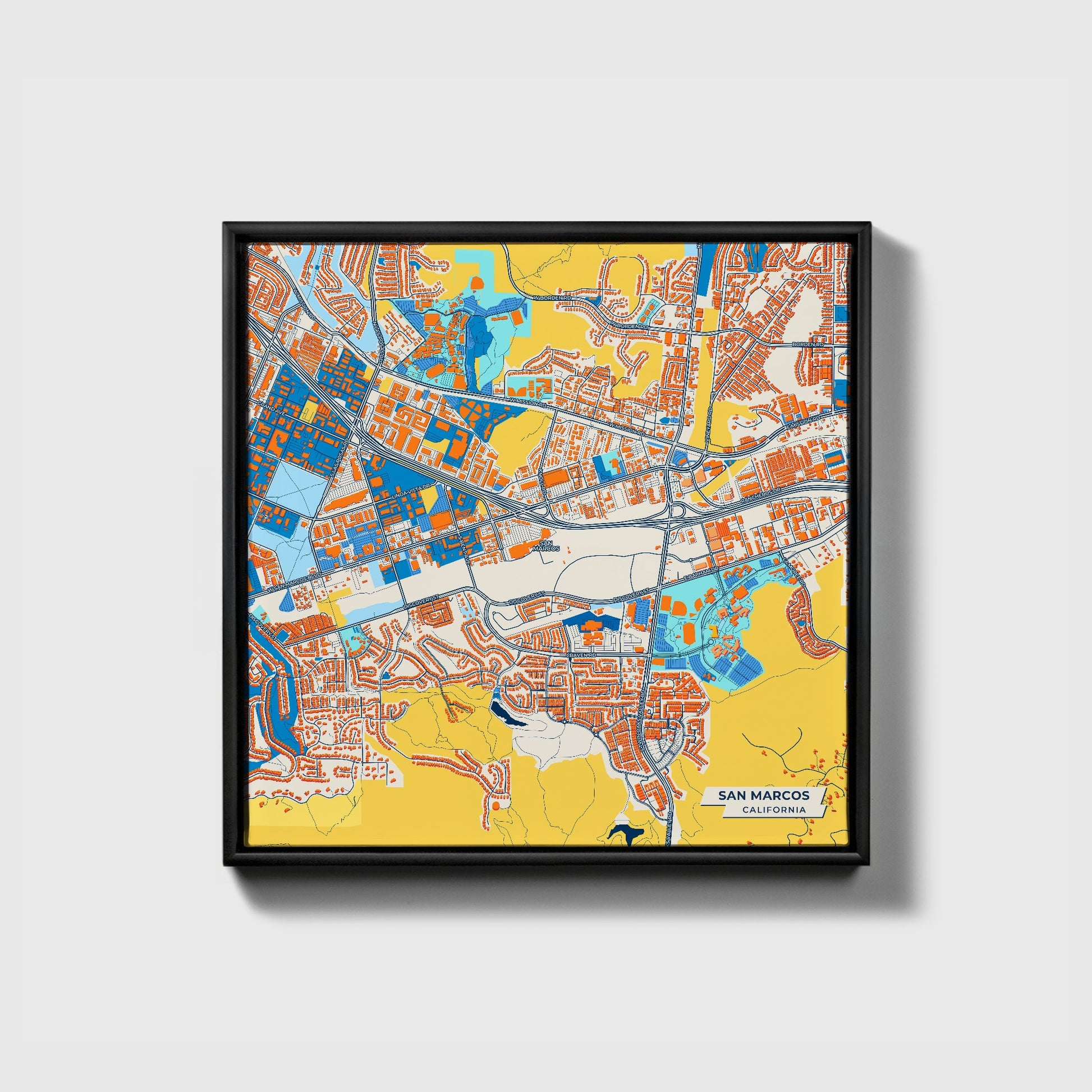 San Marcos California Colorful City Map Canvas Print • Black Framed