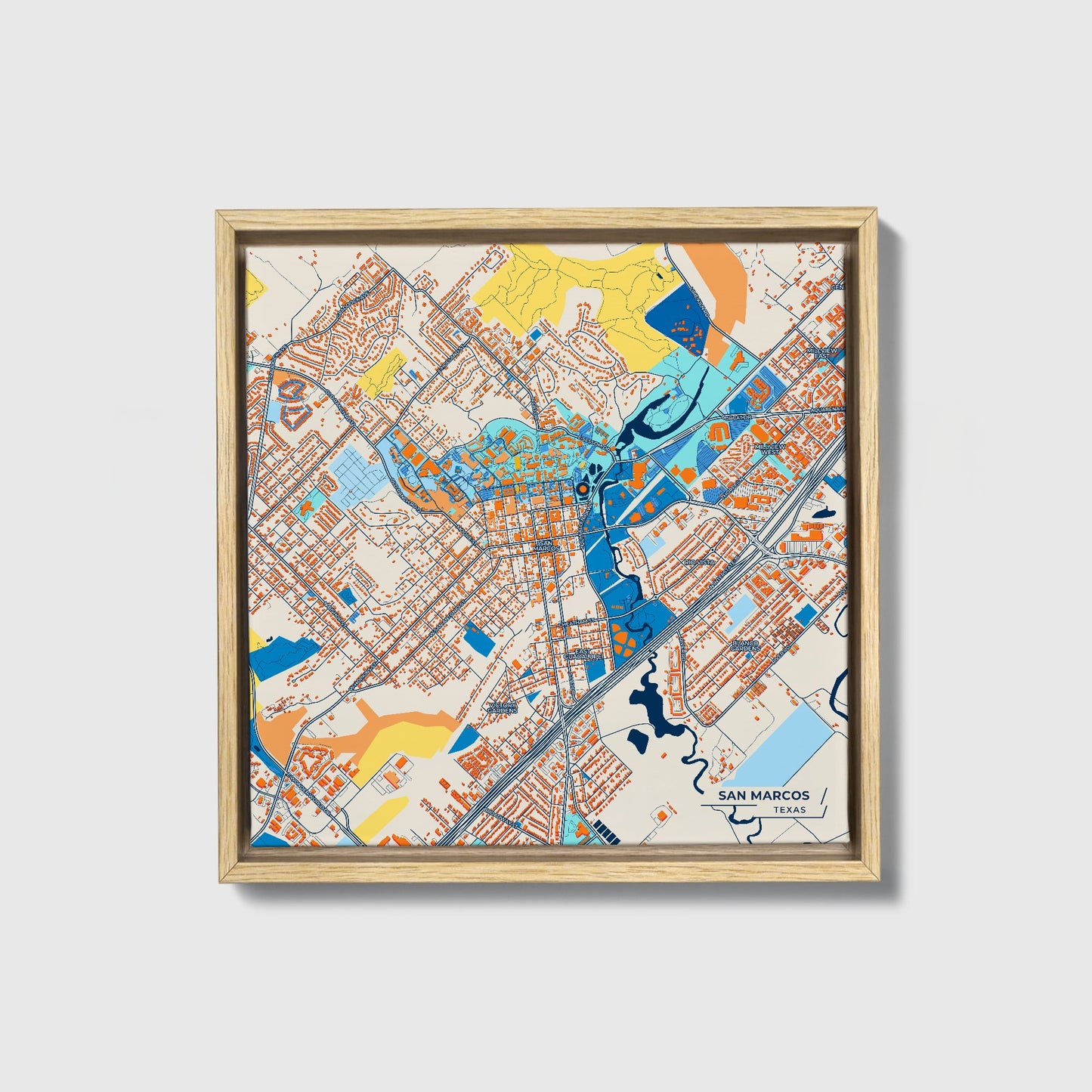 San Marcos Texas Colorful City Map Canvas Print • Natural Wooden Framed