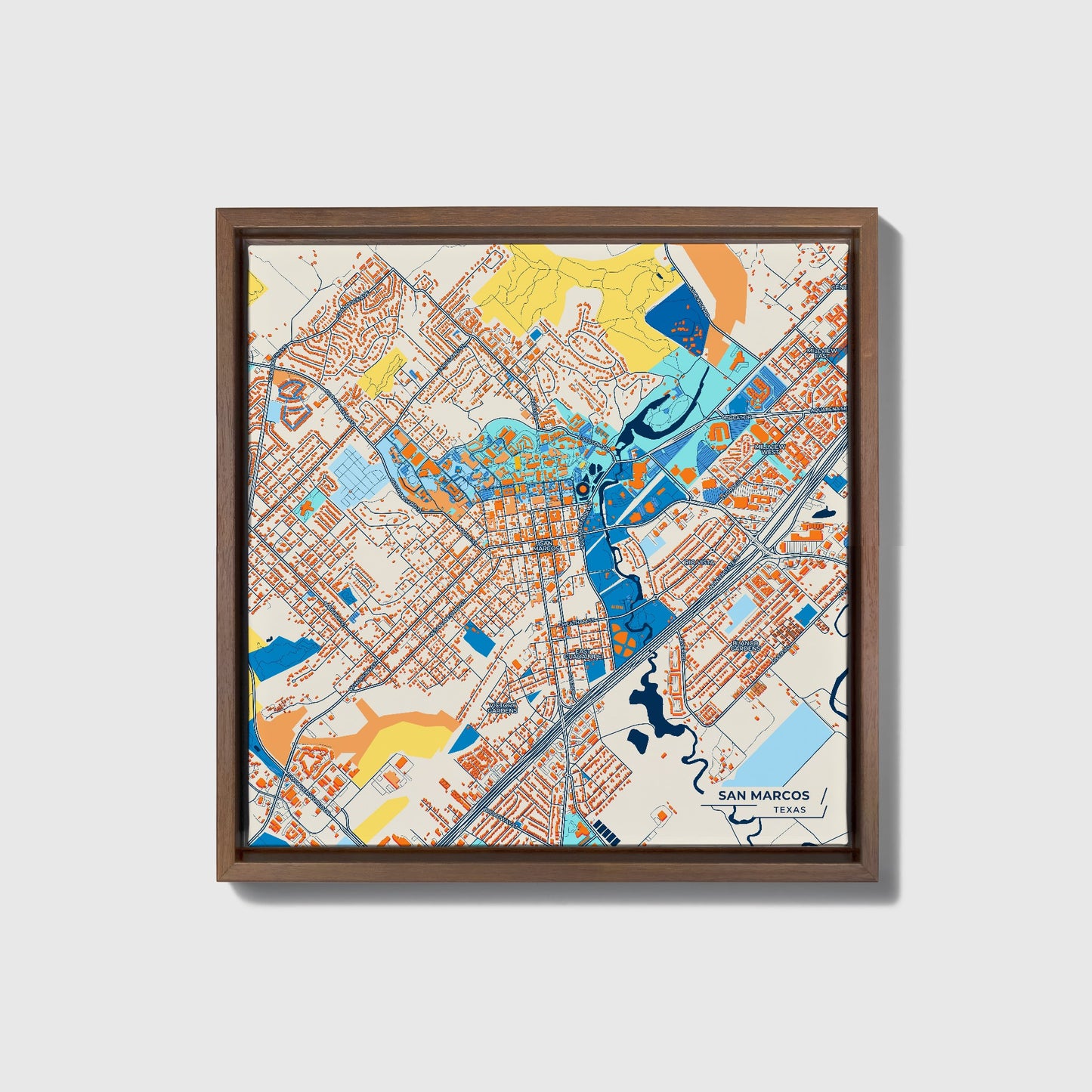 San Marcos Texas Colorful City Map Canvas Print • Dark Wooden Framed