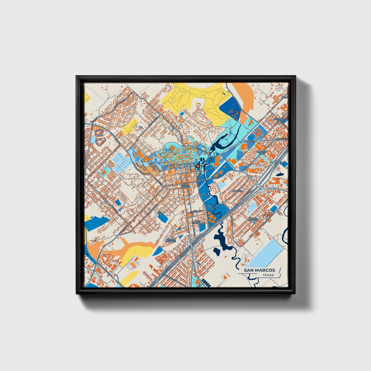 San Marcos Texas Colorful City Map Canvas Print • Black Framed