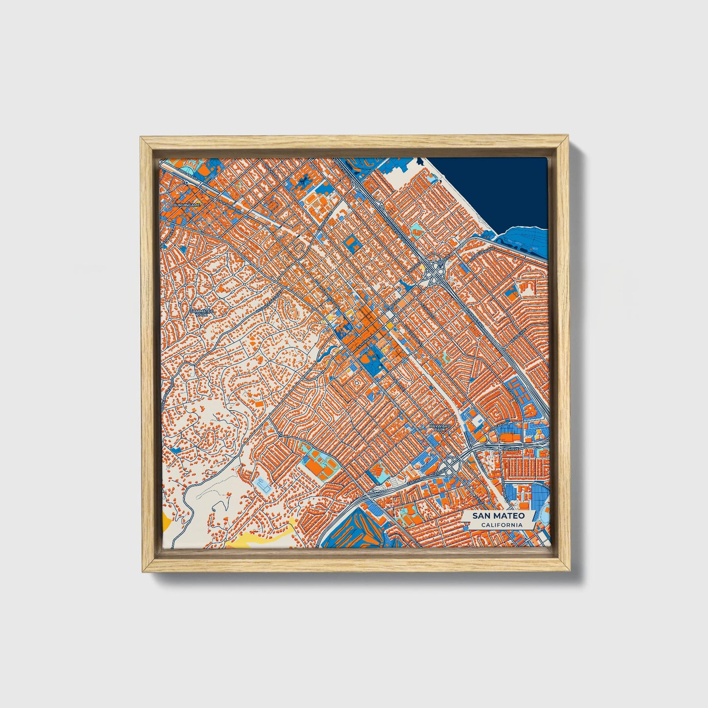 San Mateo California Colorful City Map Canvas Print • Natural Wooden Framed