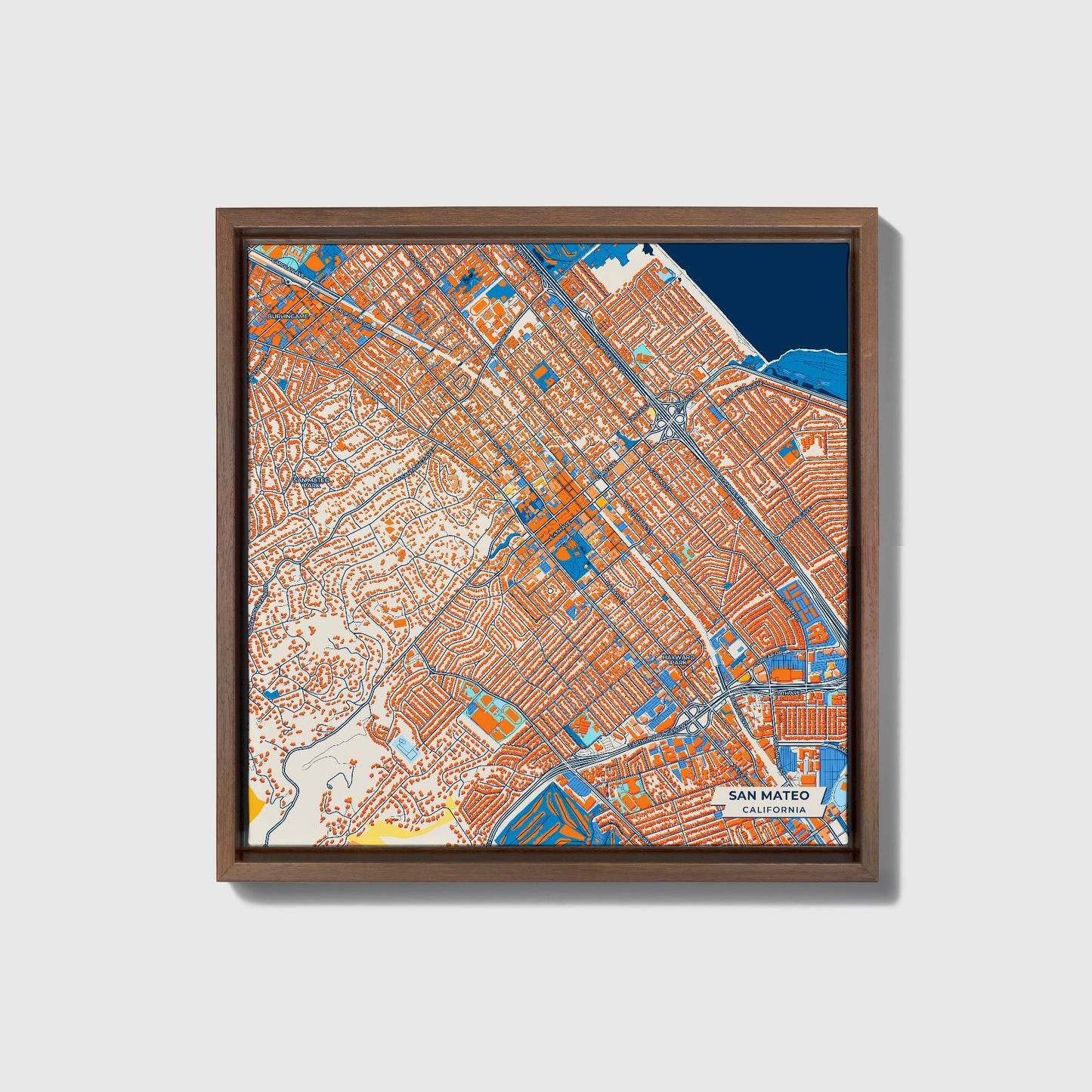 San Mateo California Colorful City Map Canvas Print • Dark Wooden Framed
