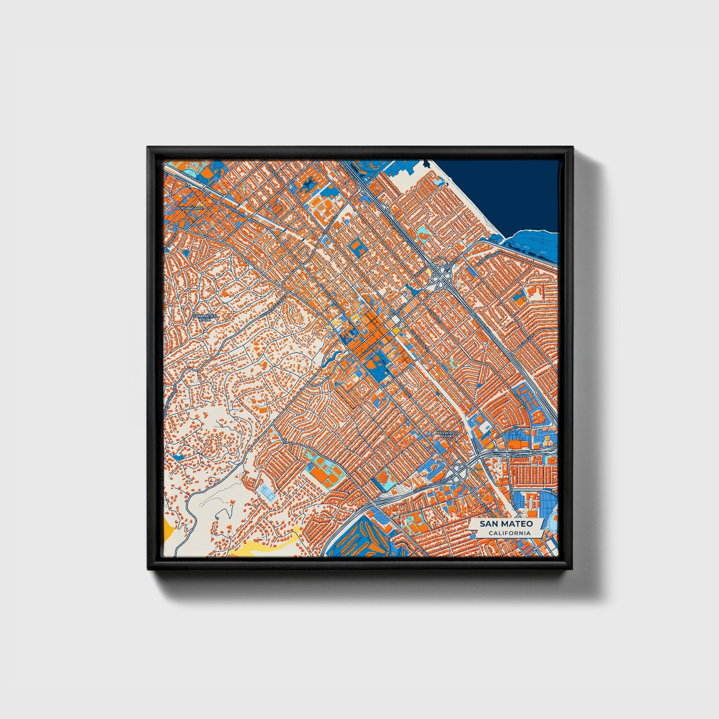 San Mateo California Colorful City Map Canvas Print • Black Framed