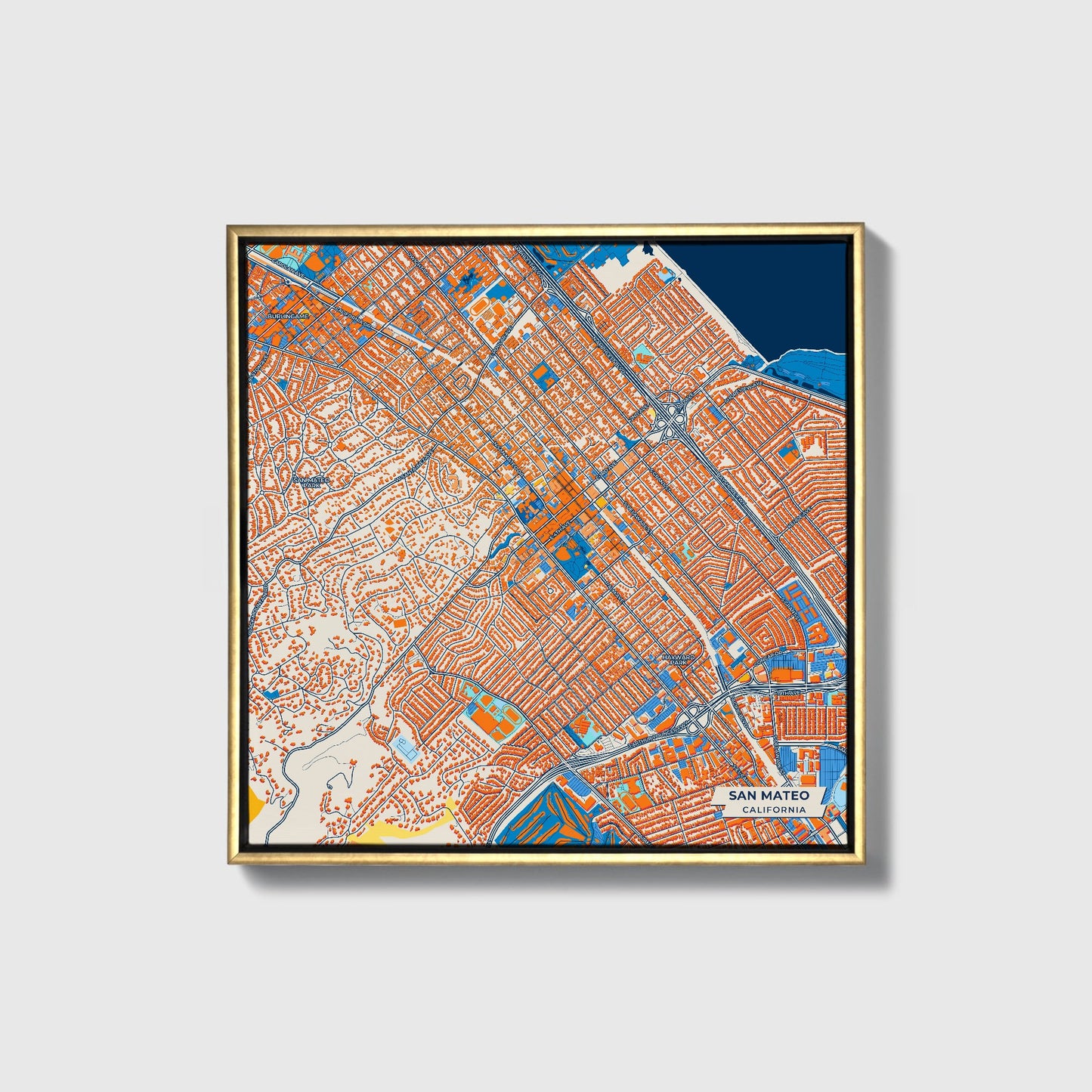 San Mateo California Colorful City Map Canvas Print • Gold Framed