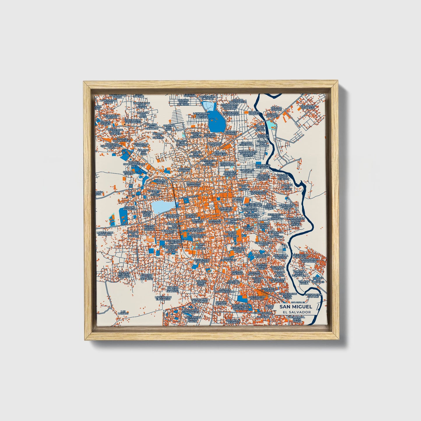 San Miguel El Salvador Colorful City Map Canvas Print • Natural Wooden Framed