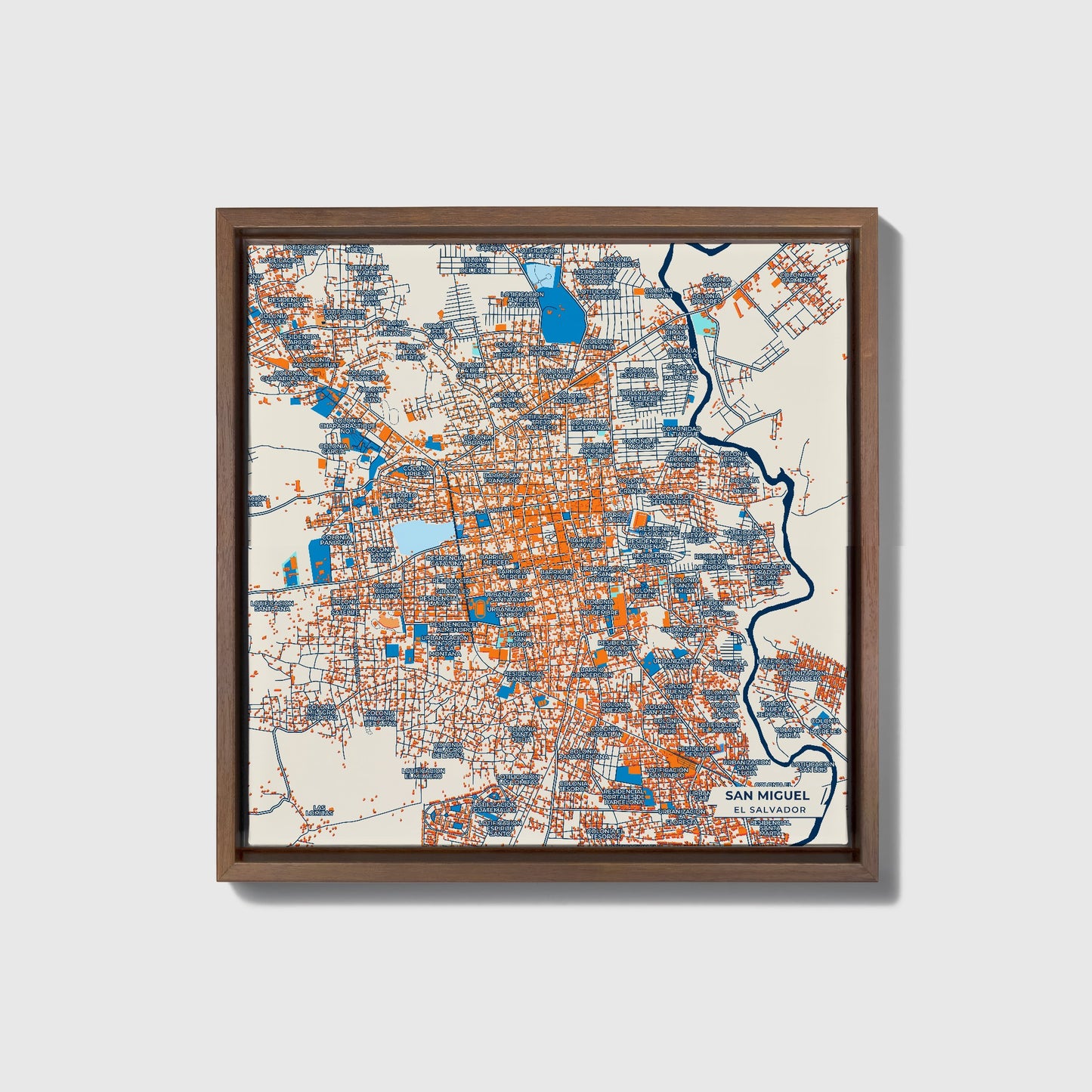 San Miguel El Salvador Colorful City Map Canvas Print • Dark Wooden Framed