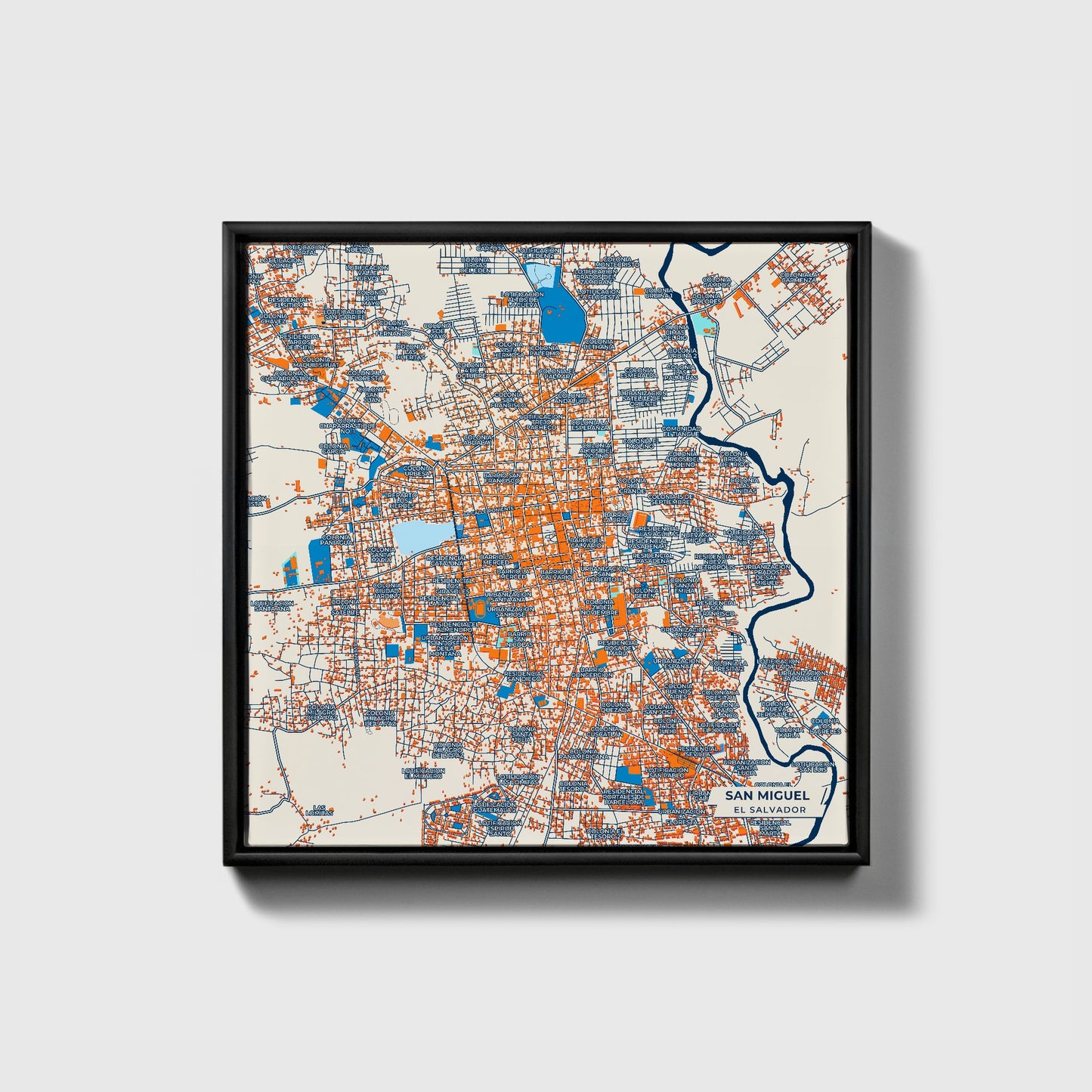 San Miguel El Salvador Colorful City Map Canvas Print • Black Framed