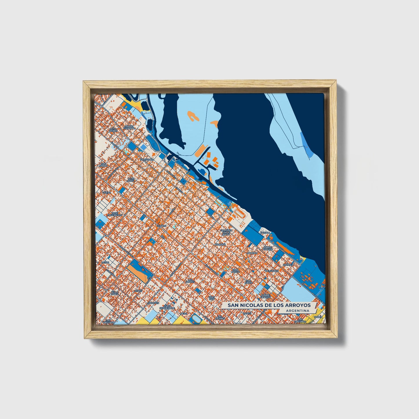 San Nicolas De Los Arroyos Argentina Colorful City Map Canvas Print • Natural Wooden Framed