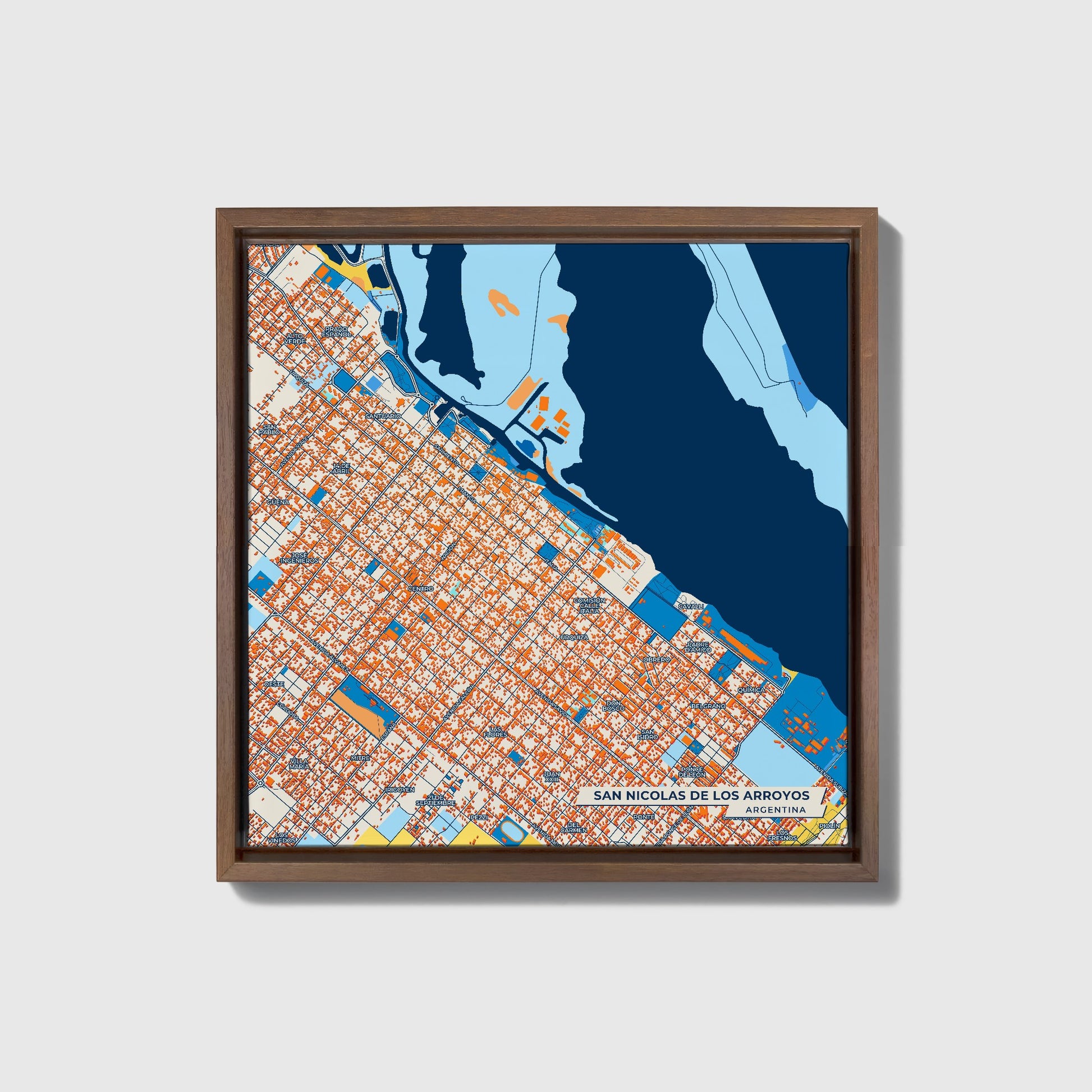 San Nicolas De Los Arroyos Argentina Colorful City Map Canvas Print • Dark Wooden Framed