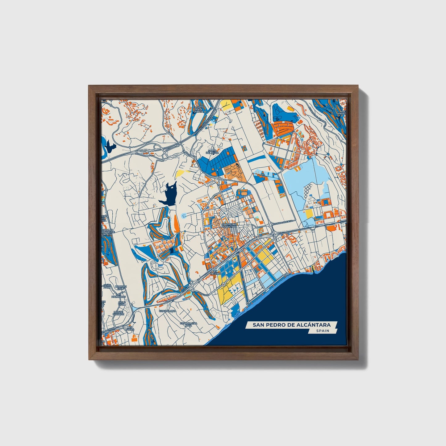 San Pedro De Alcántara Spain Colorful City Map Canvas Print • Dark Wooden Framed