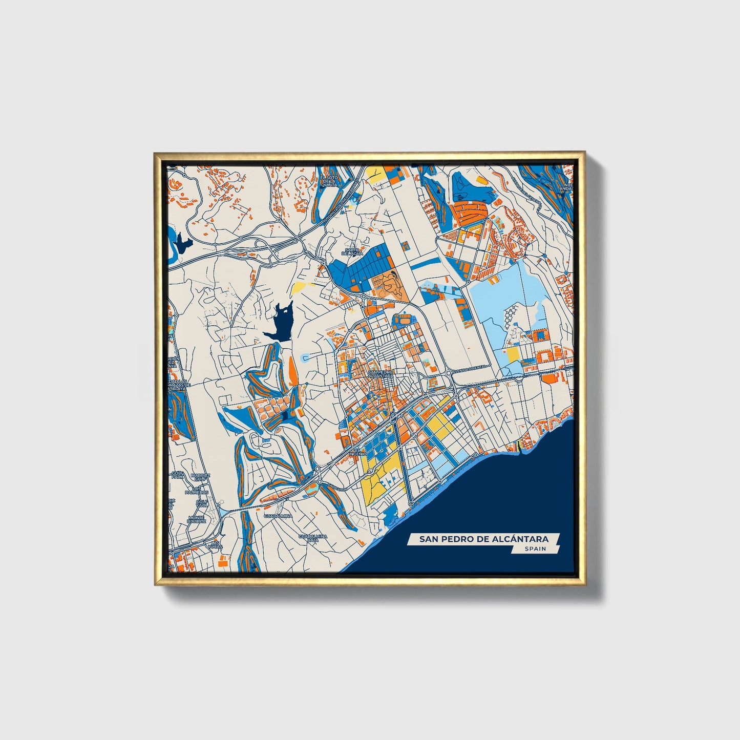 San Pedro De Alcántara Spain Colorful City Map Canvas Print • Gold Framed