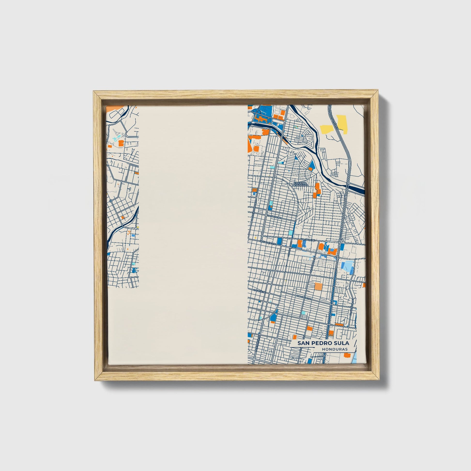 San Pedro Sula Honduras Colorful City Map Canvas Print • Natural Wooden Framed
