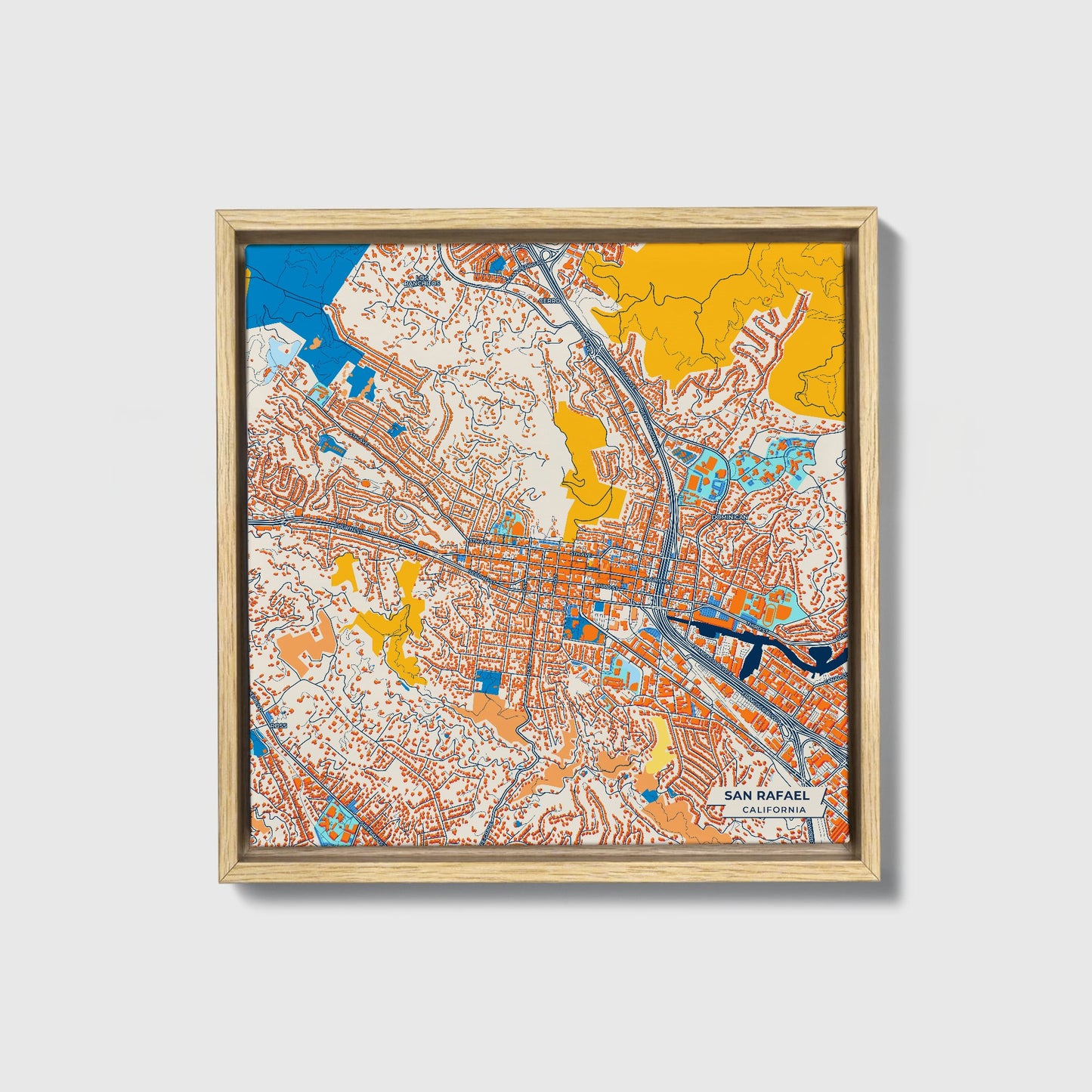 San Rafael California Colorful City Map Canvas Print • Natural Wooden Framed