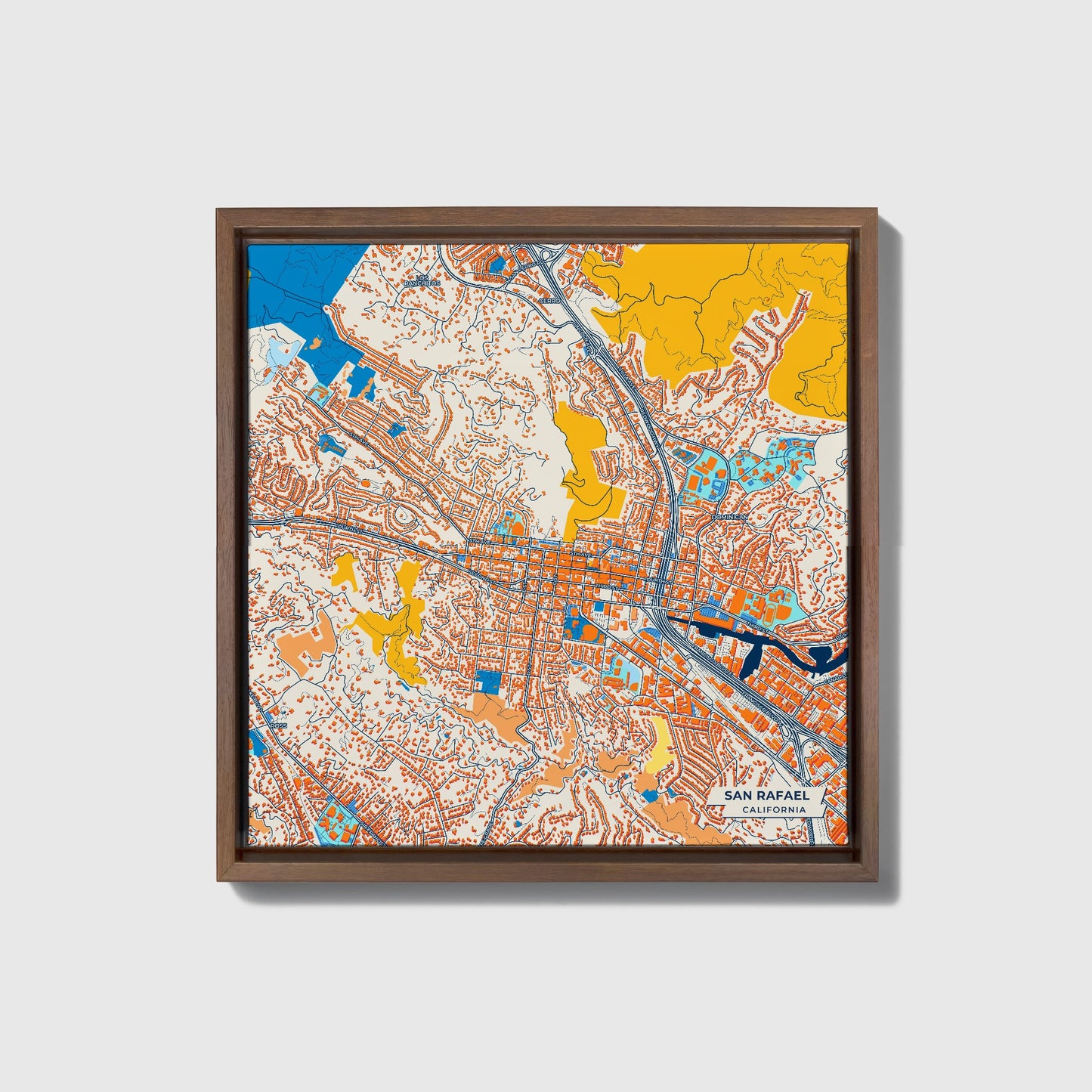 San Rafael California Colorful City Map Canvas Print • Dark Wooden Framed
