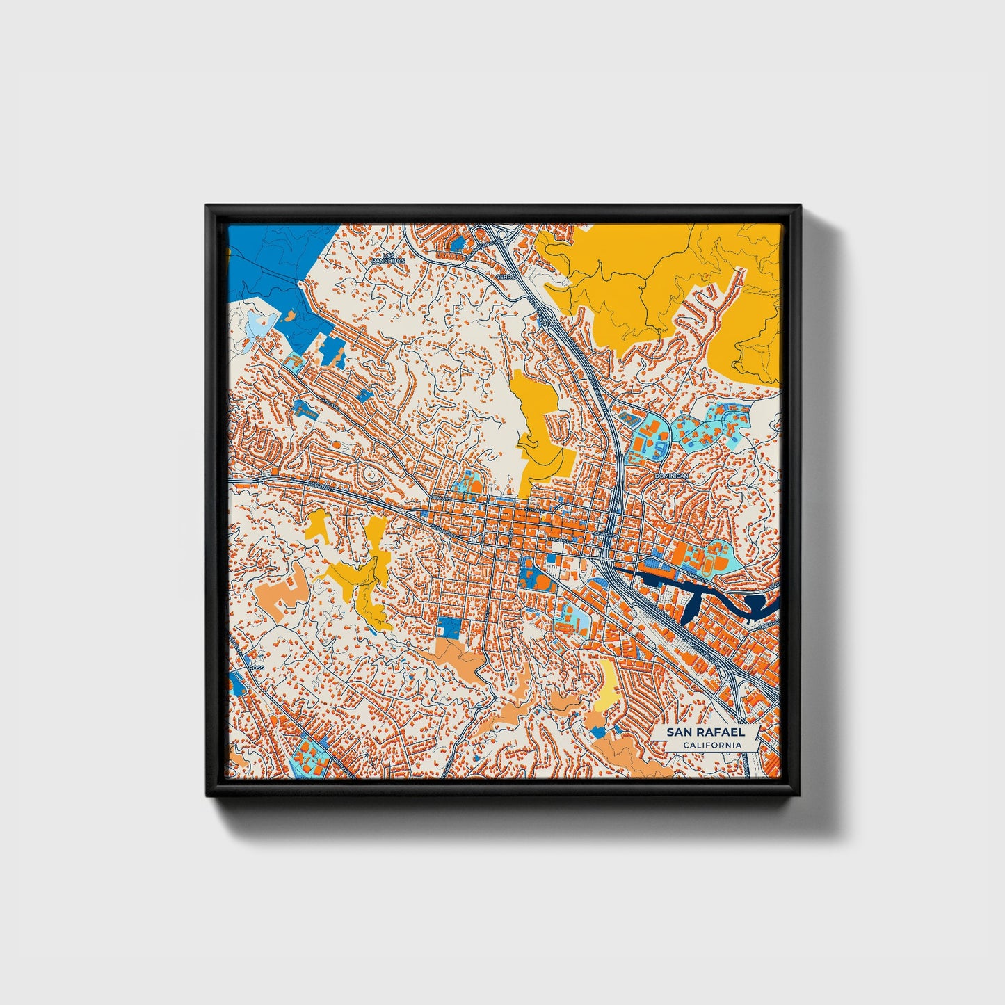 San Rafael California Colorful City Map Canvas Print • Black Framed