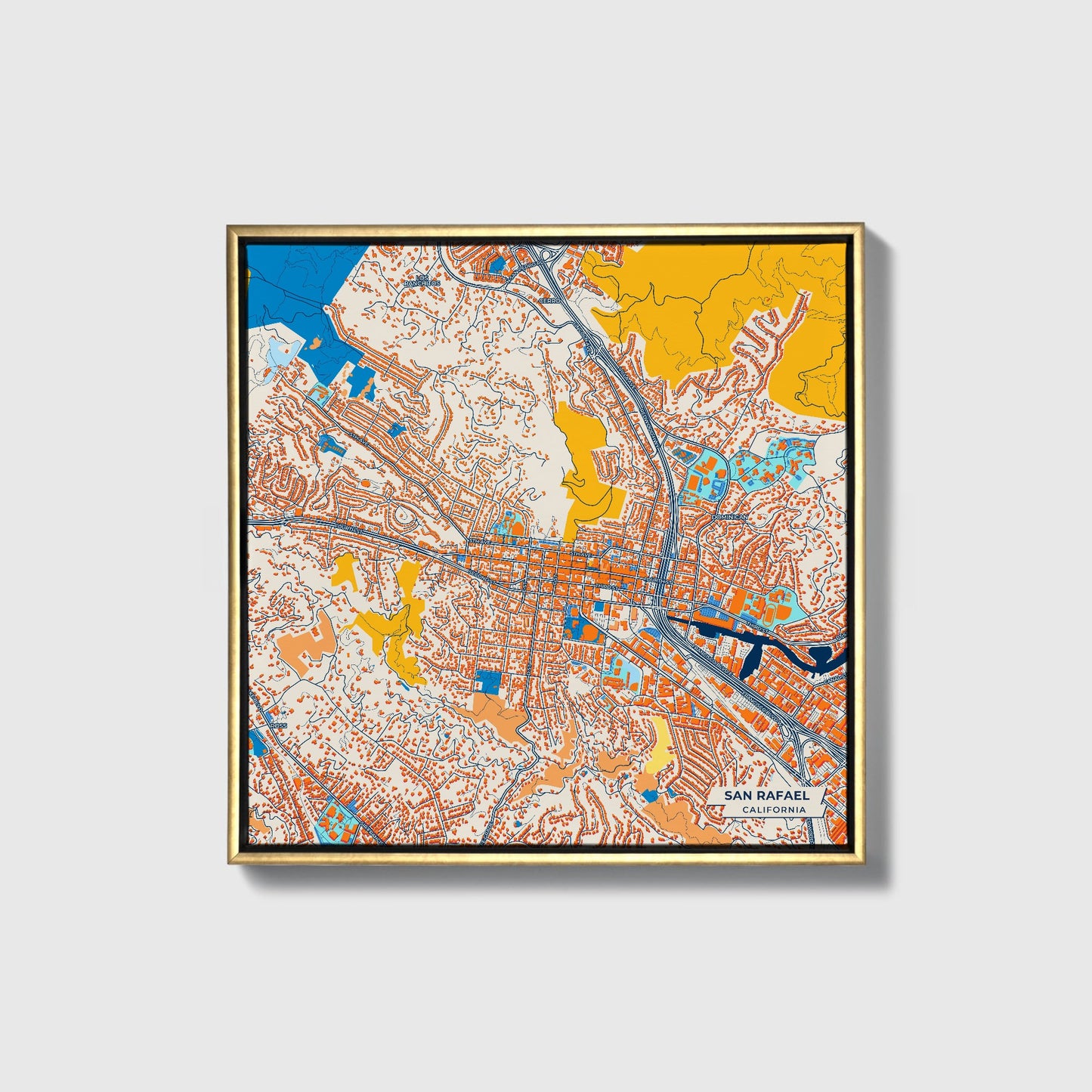 San Rafael California Colorful City Map Canvas Print • Gold Framed