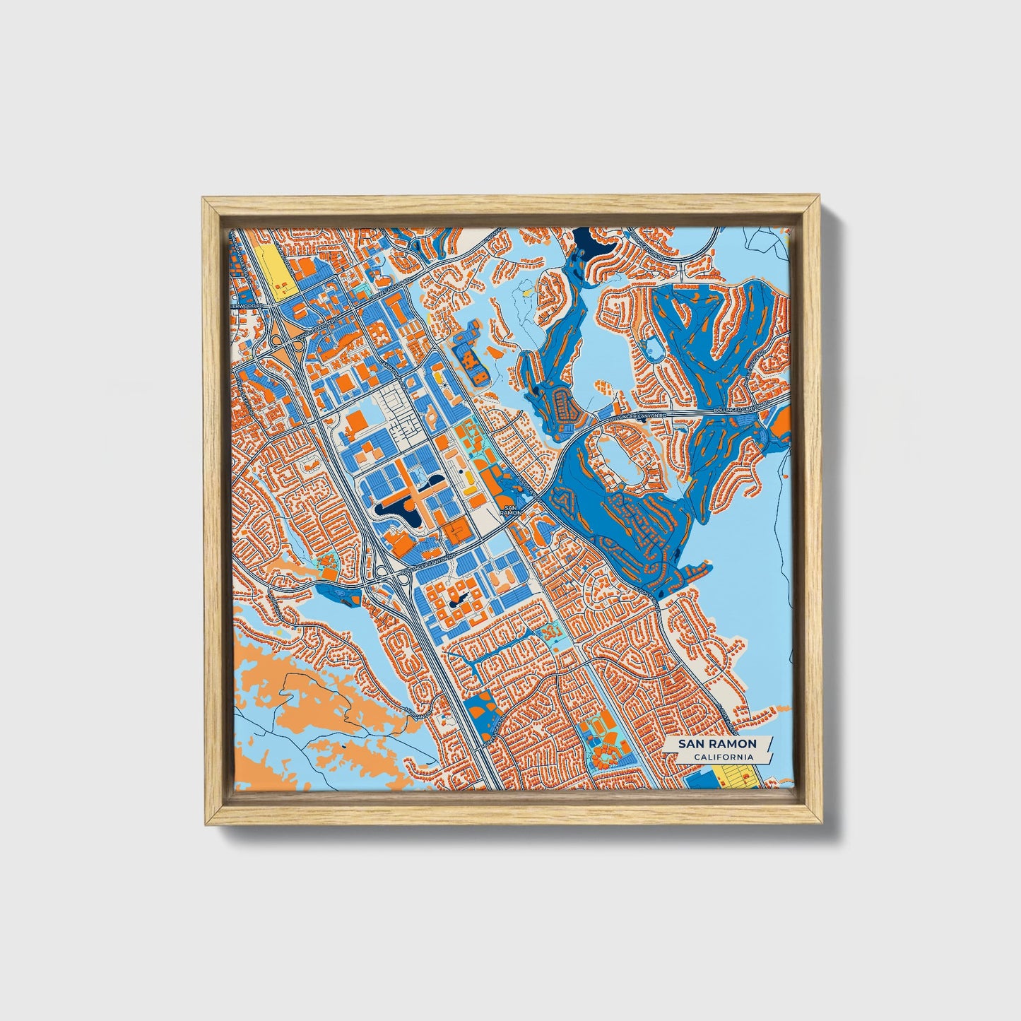 San Ramon California Colorful City Map Canvas Print • Natural Wooden Framed